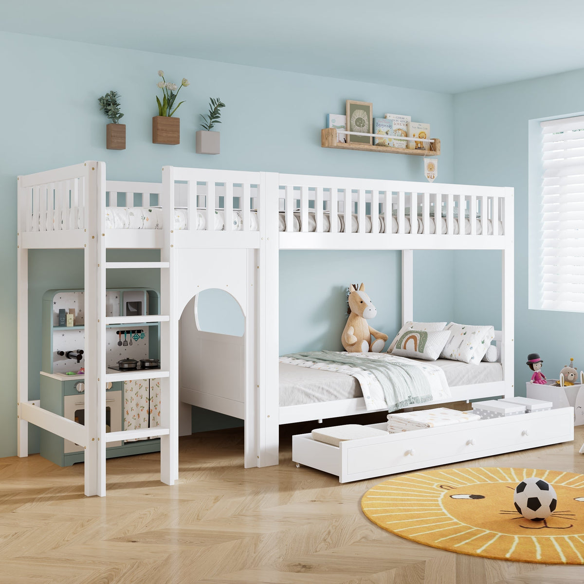 Bunk Bed for Children with Straight Ladder and Safety Railings, 90x200cm, White Pine + MDF