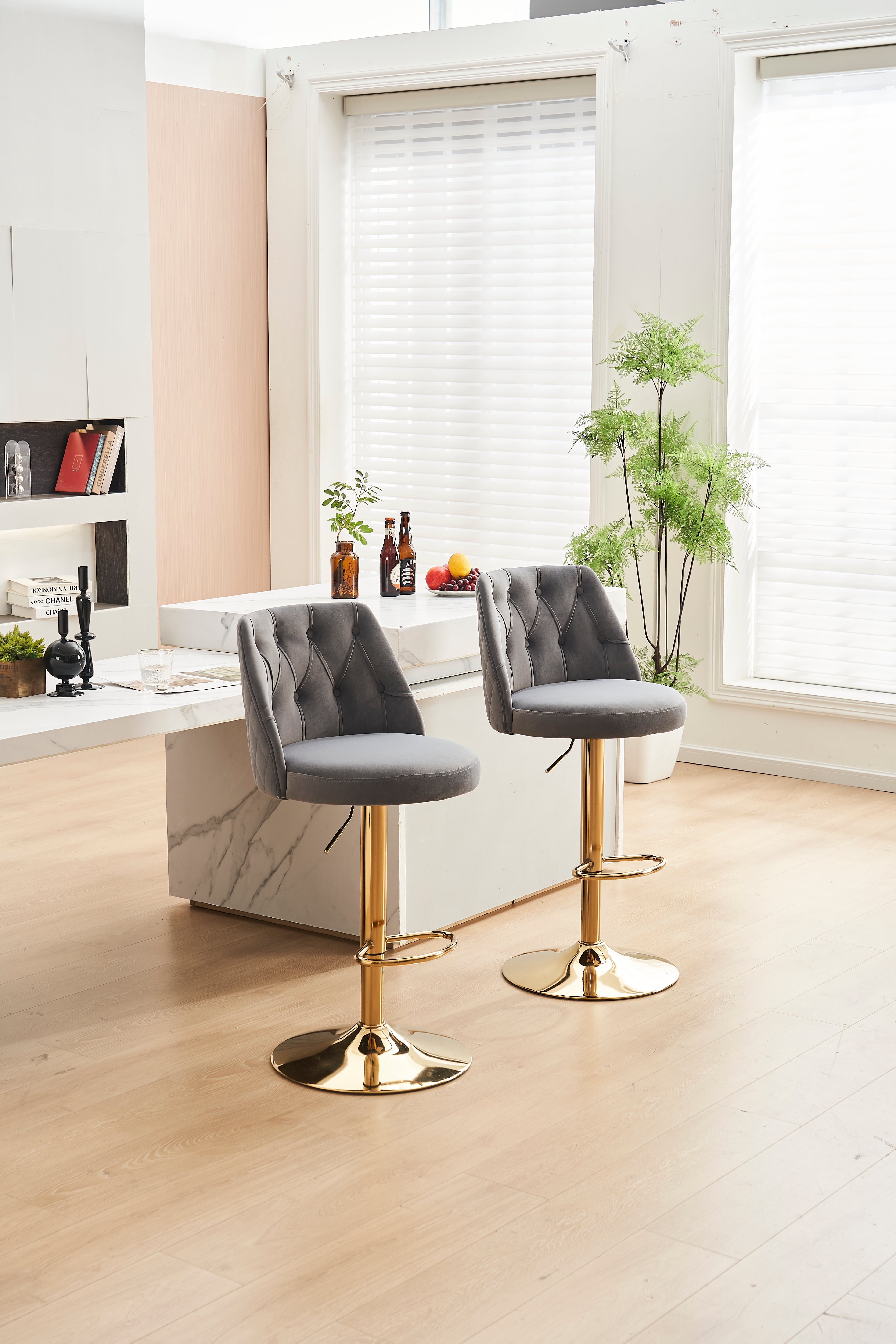 Modern Bar Stool Adjustable Height Tufted Backrest Footrest Set of 2, Velvet Grey