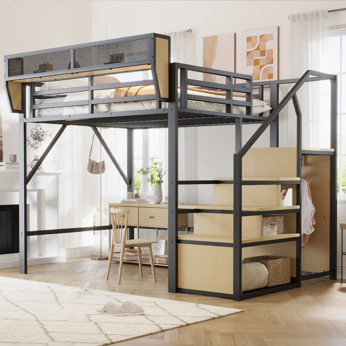 Loft Bed 140x200 Safety Ladder Flexible Storage Metal Black