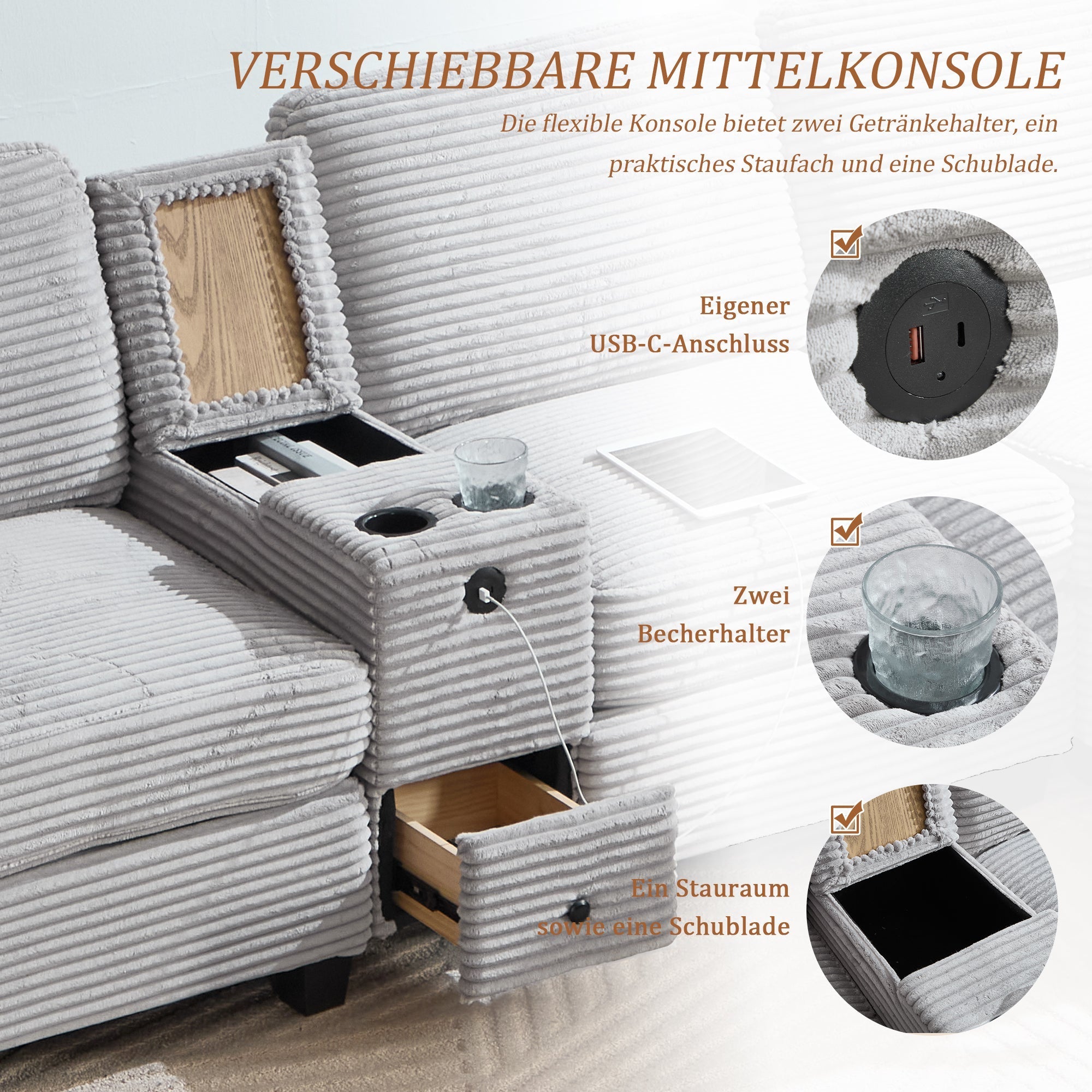 Corduroy Sofa Large Comfort Foam Console USB-C Storage Drawer Ottoman