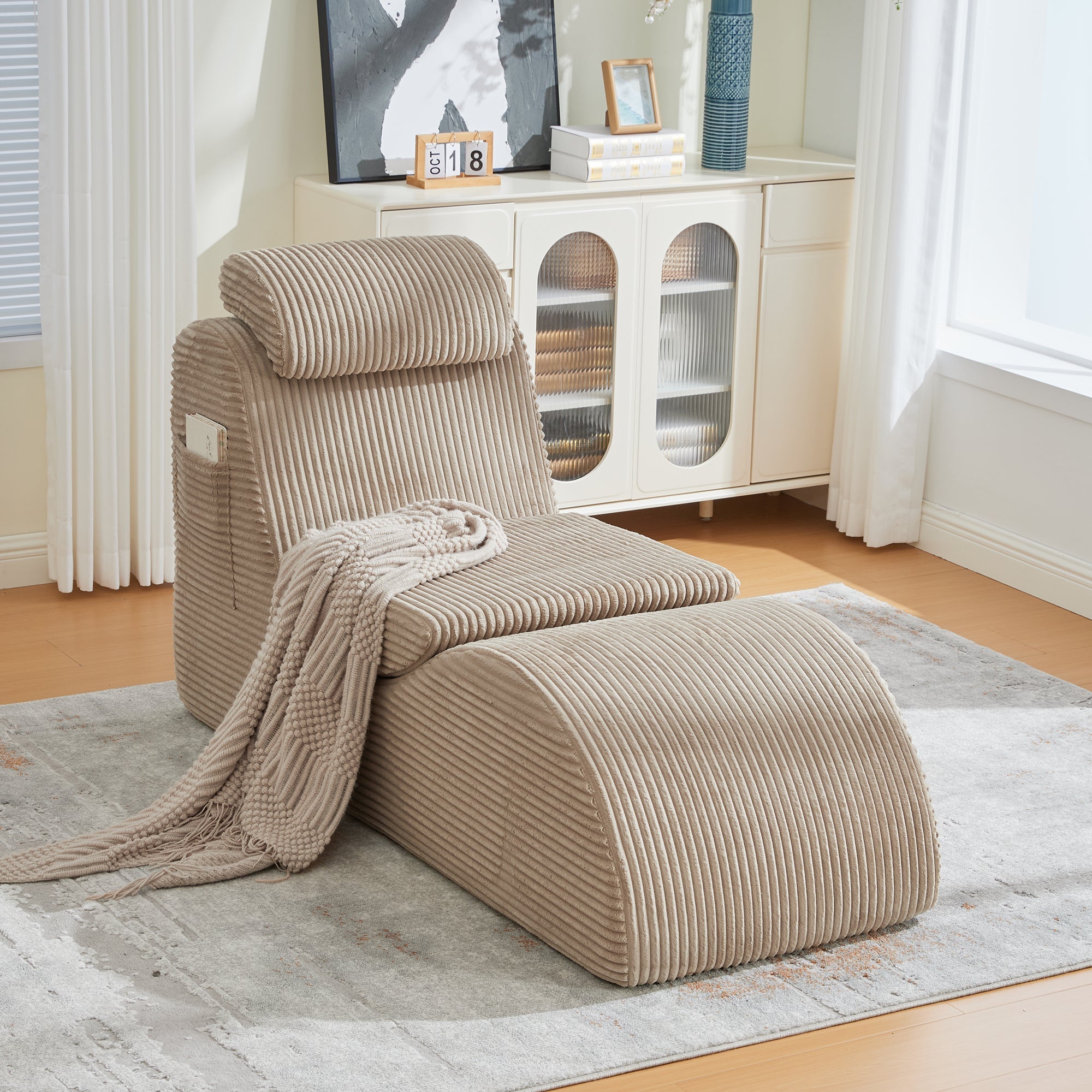 Modern Leisure Chair with Ergonomic Design and Side Pocket, Khaki Corduroy