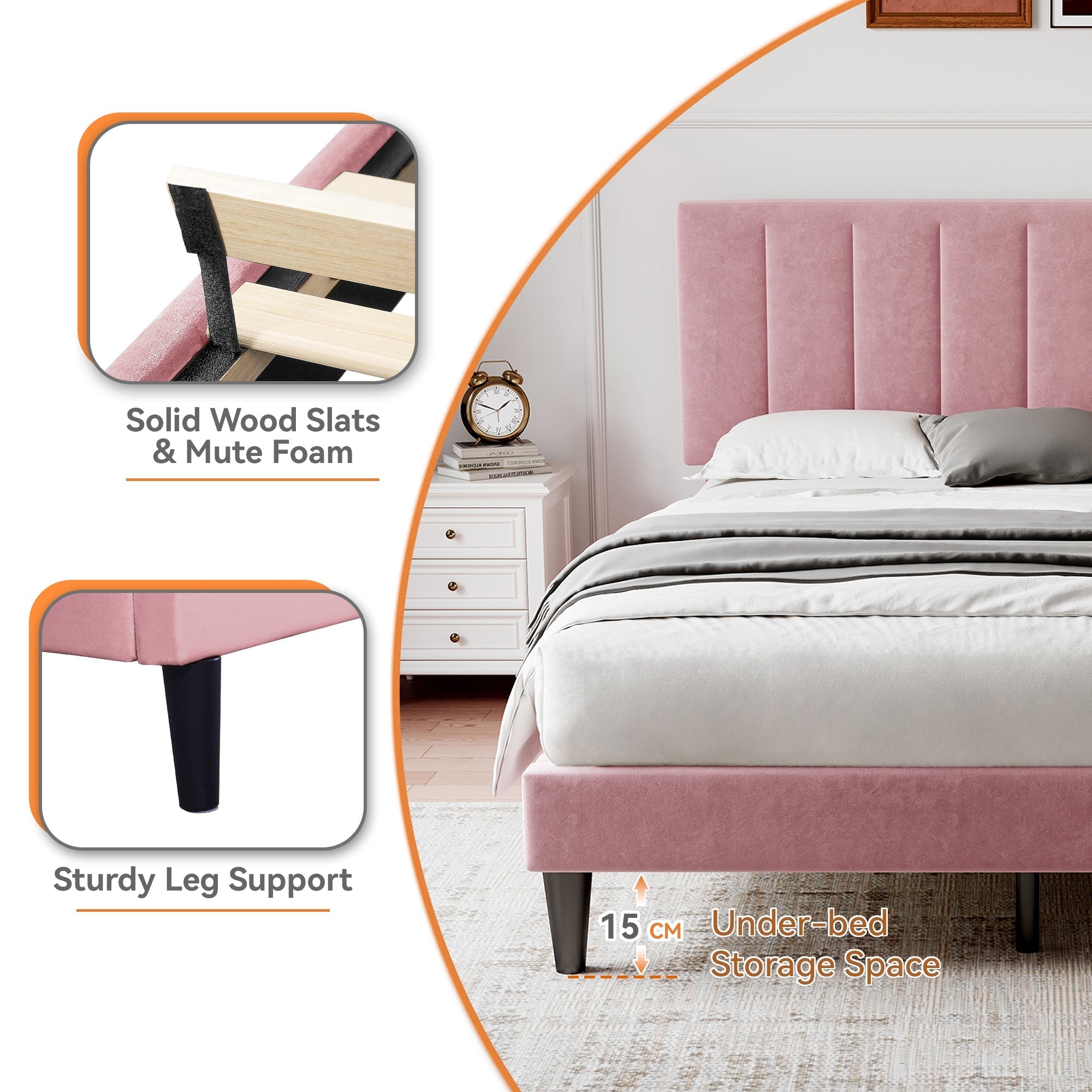 4ft6 Double Upholstered Velvet Bed Frame, Adjustable Channel Tufted Headboard, Pink