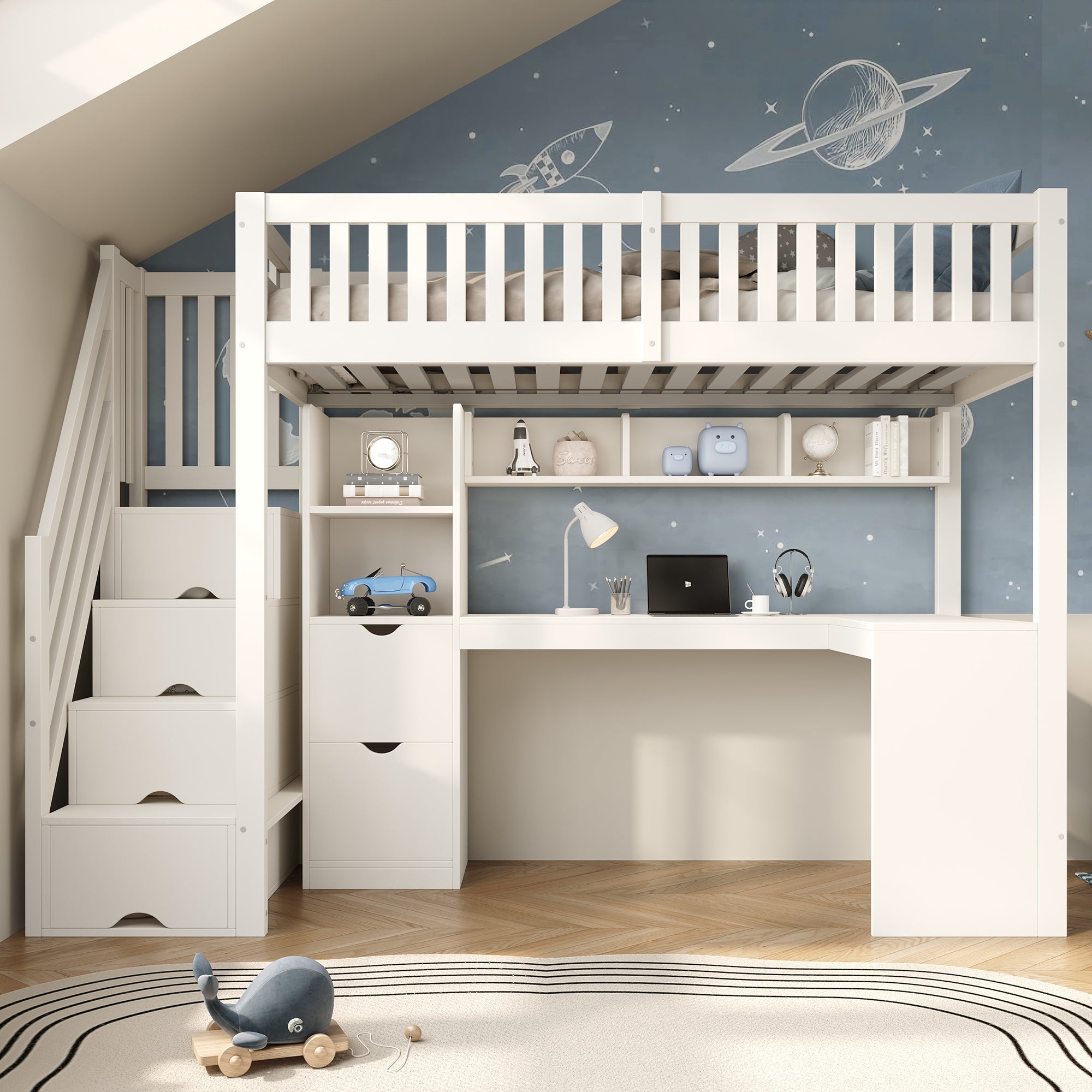 Children's Bunk Bed with Staircase, Corner Desk and Storage, White Pine Wood