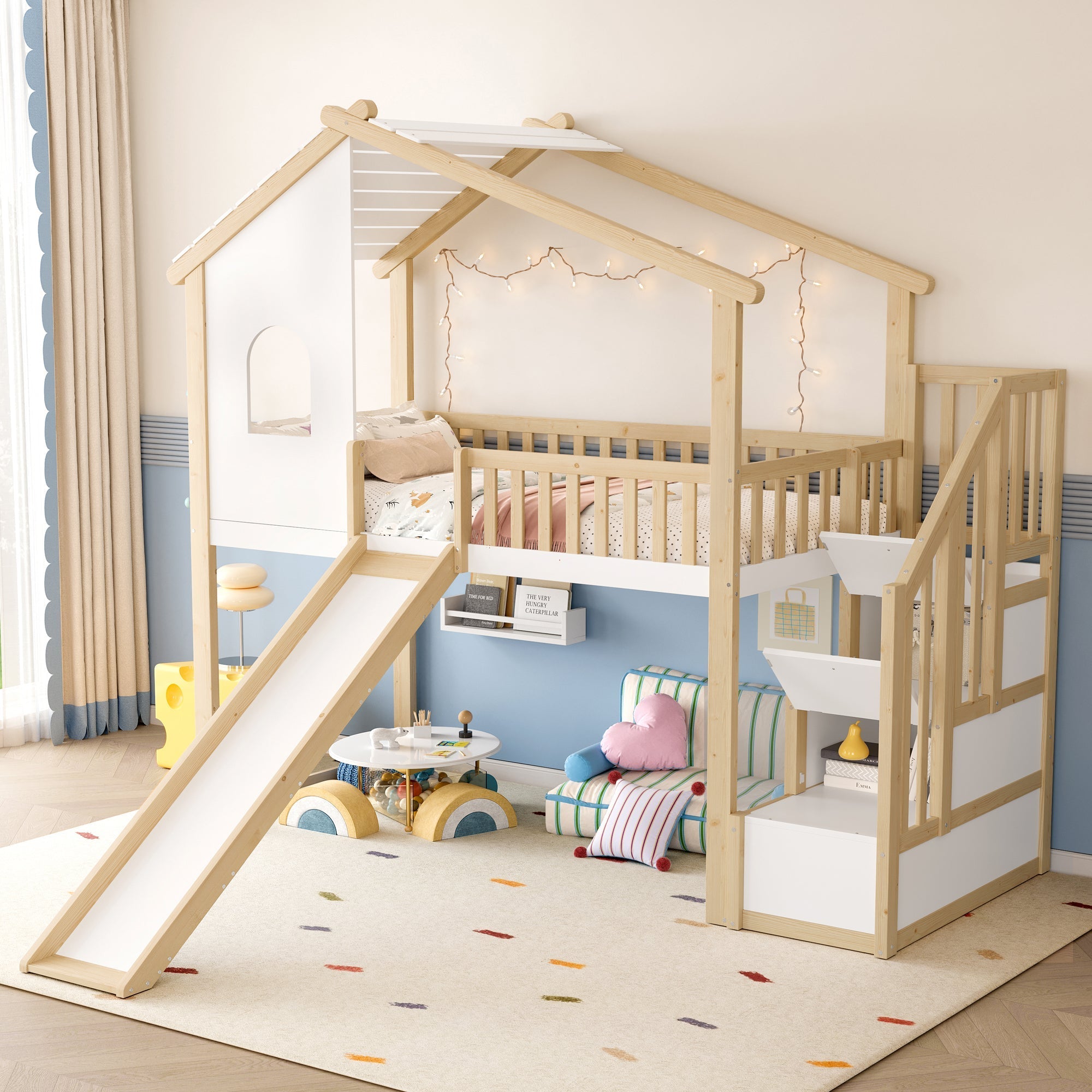 Loft Bed with Storage Ladder, Slide and Window, Natural and White