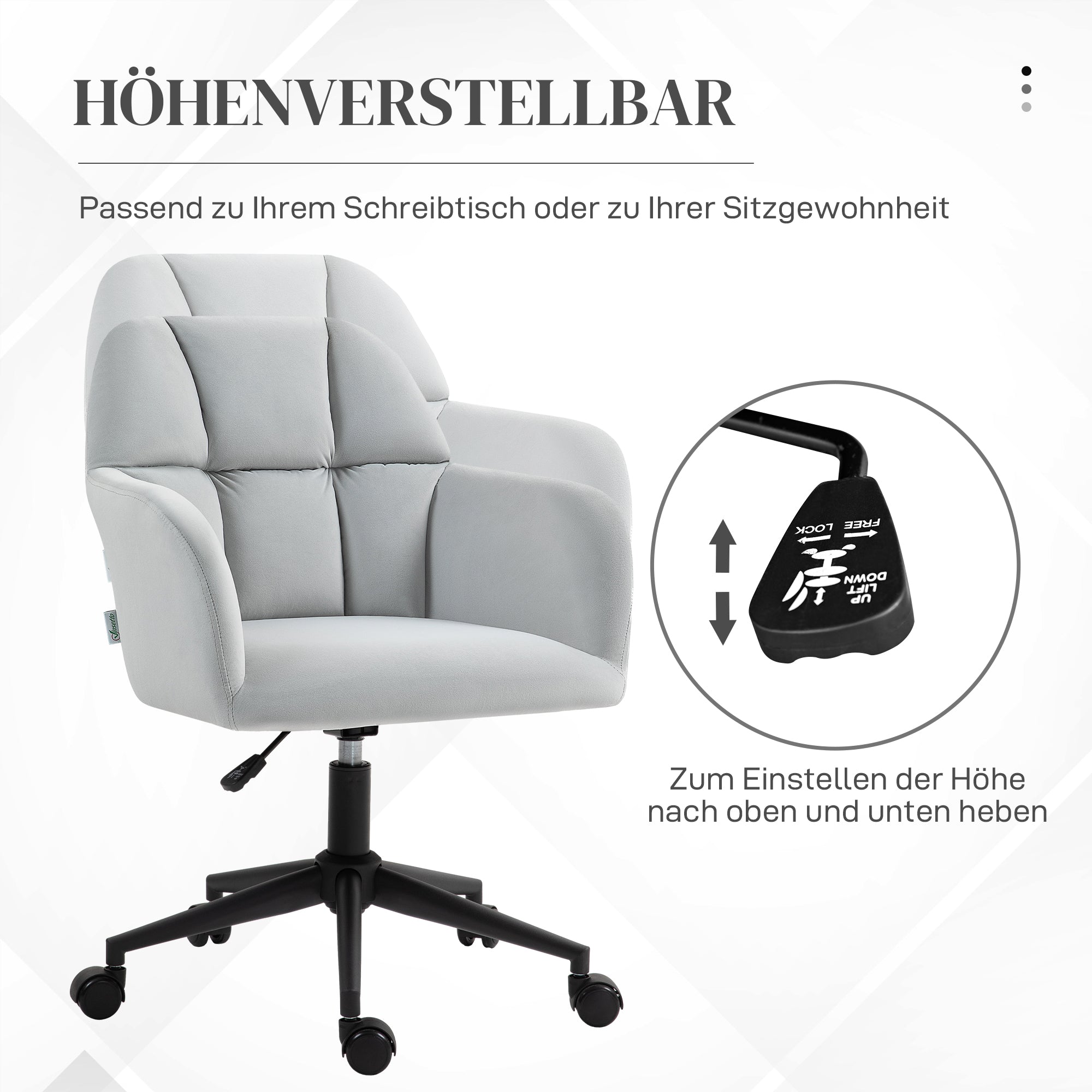 Drehstuhl, Höhenverstellbar Modern, Armlehne, 120 kg, Hellgrauer Samt