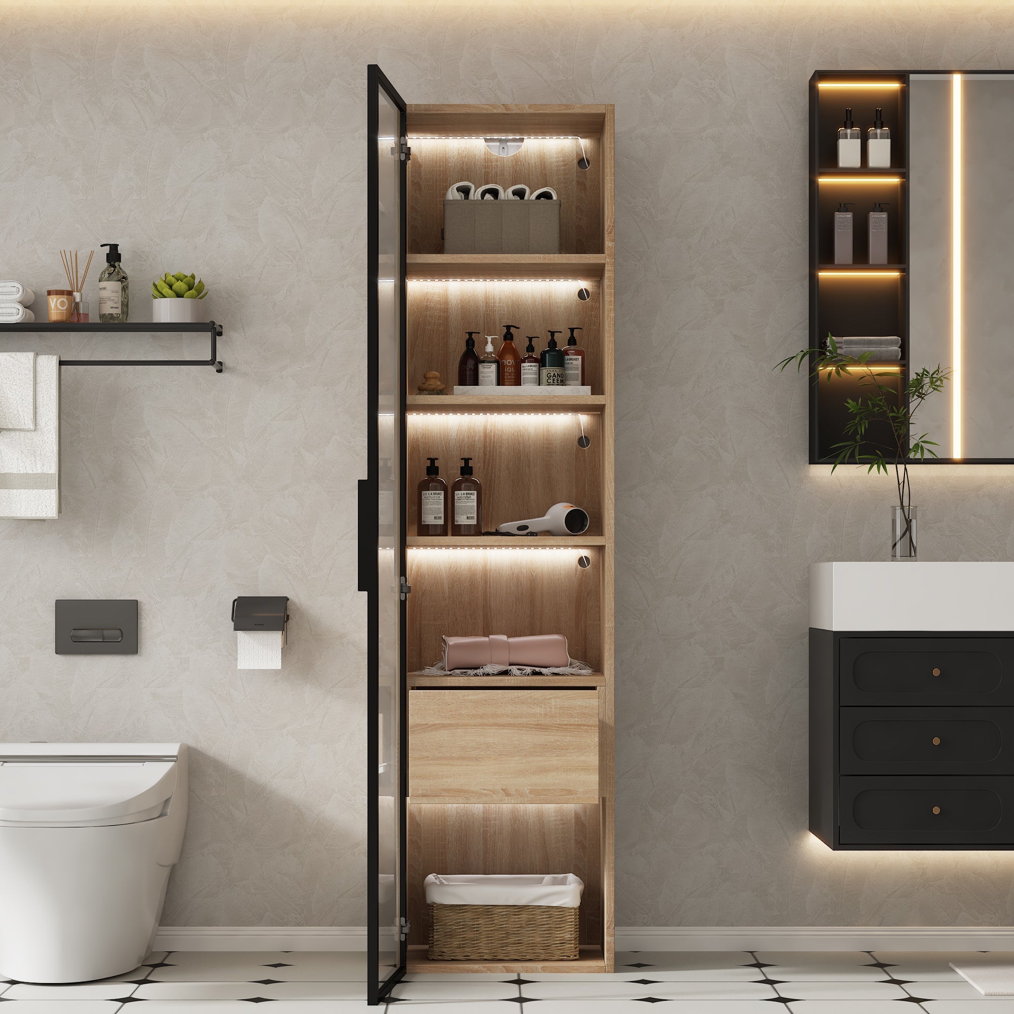 Bathroom Cabinet, Medium 40cm Light Strip 1 Drawer 1 Glass Door