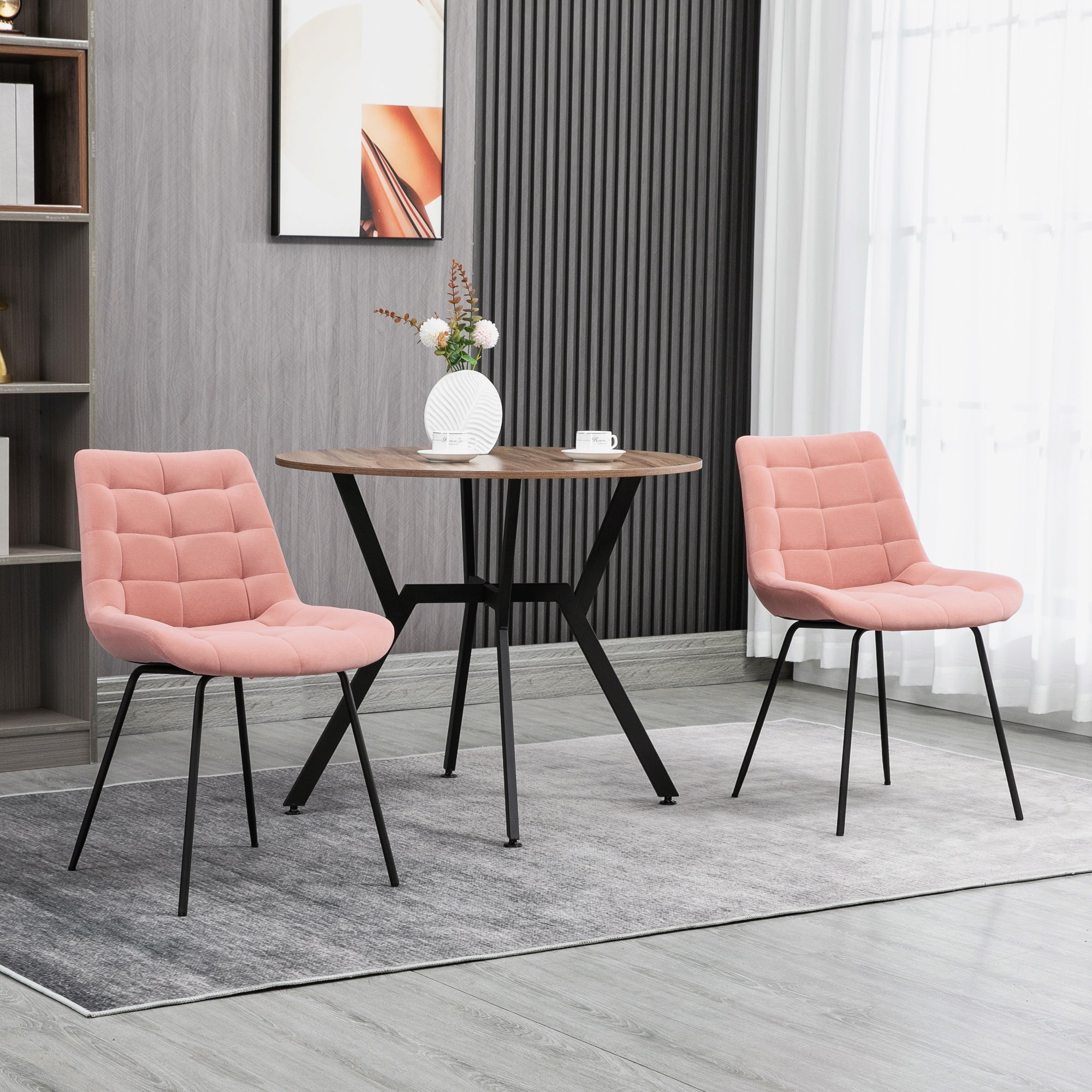 Dining Chair Set, Velvet Backrest, Steel Legs, Pink