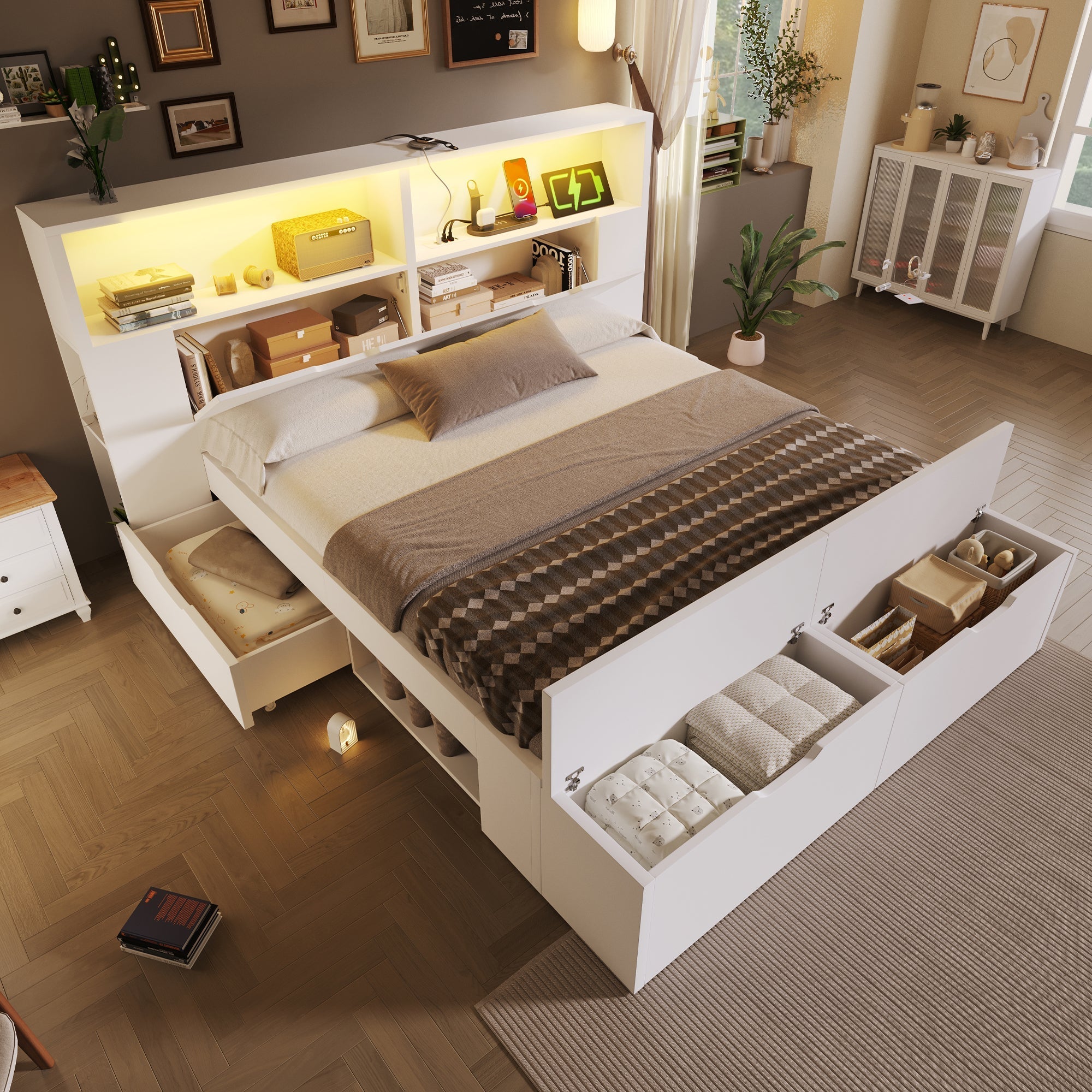 Wooden Double Bed 140x200cm Storage Drawers LED Lights USB White