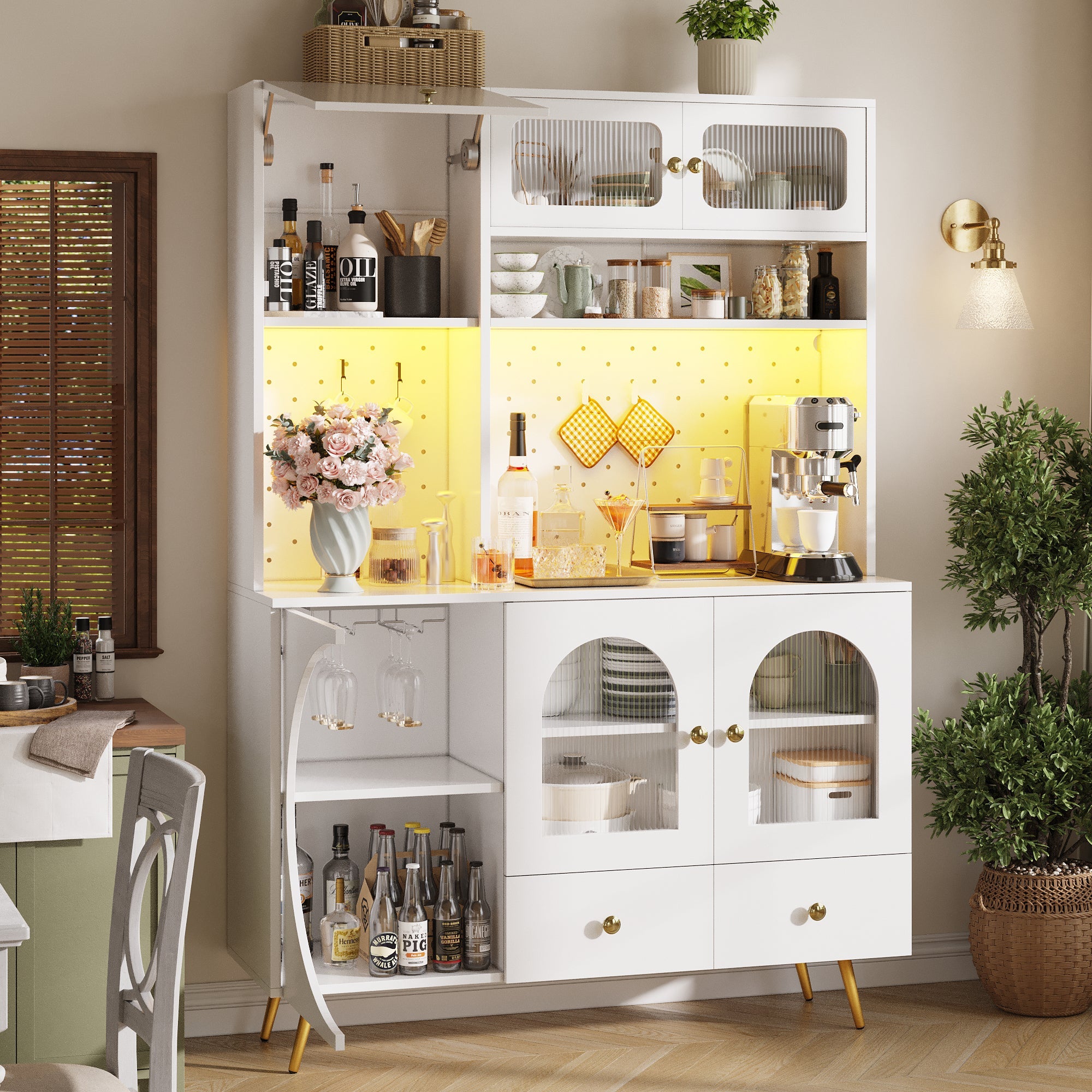 Modern Sideboard and Tall Kitchen Cabinet with LED Lighting, USB Ports and Pegboard, White