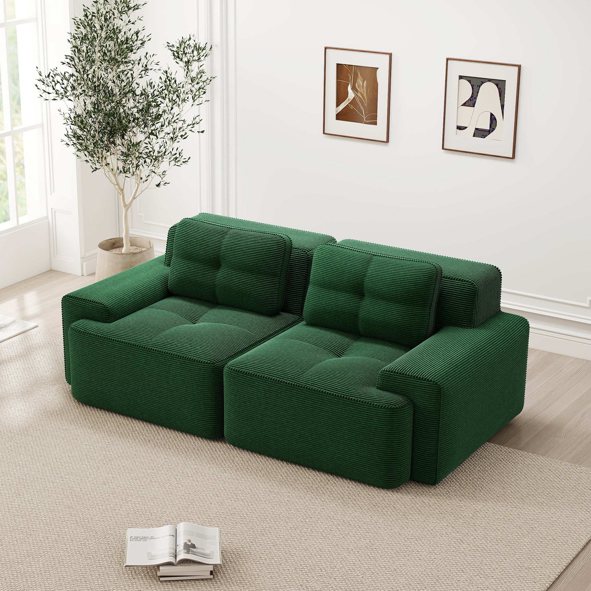 Boneless Modular Sofa Deep Seat Sleeper - Green Corduroy