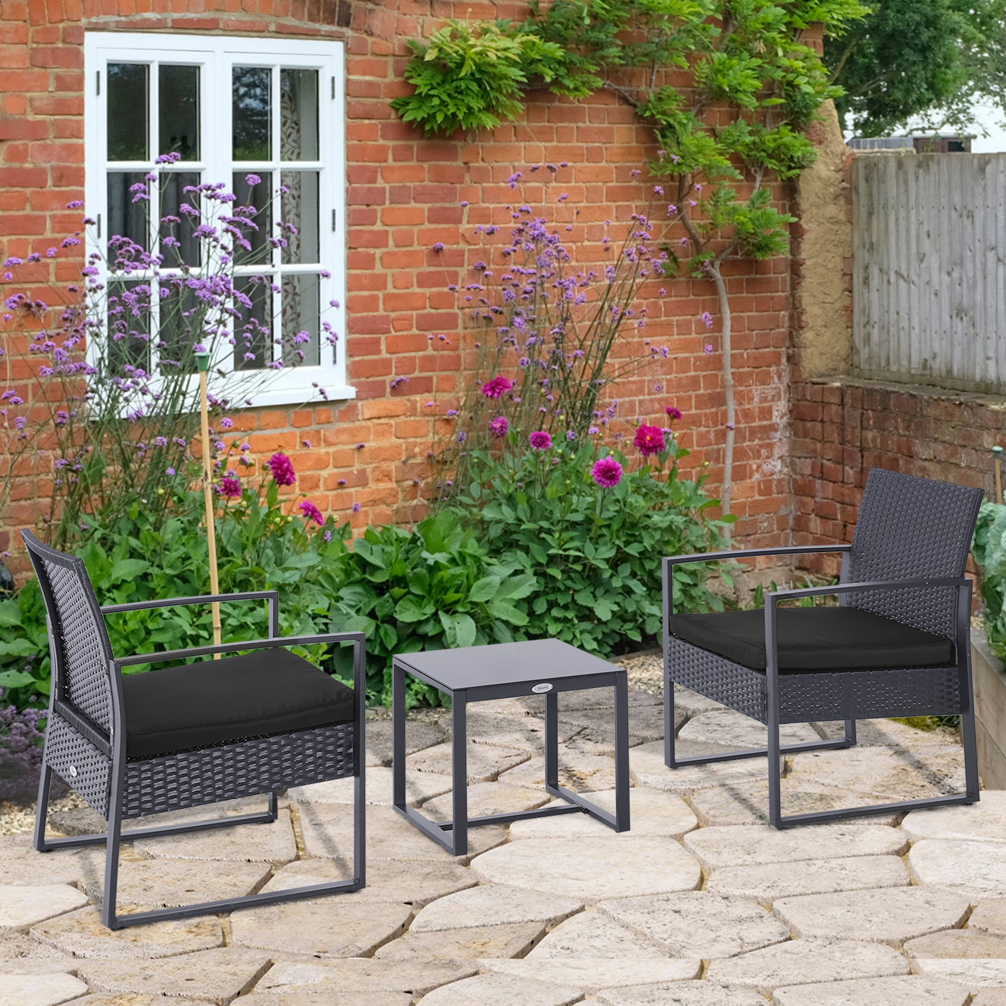 2 Seater Patio Set with Cushions Rattan, Grey/Black