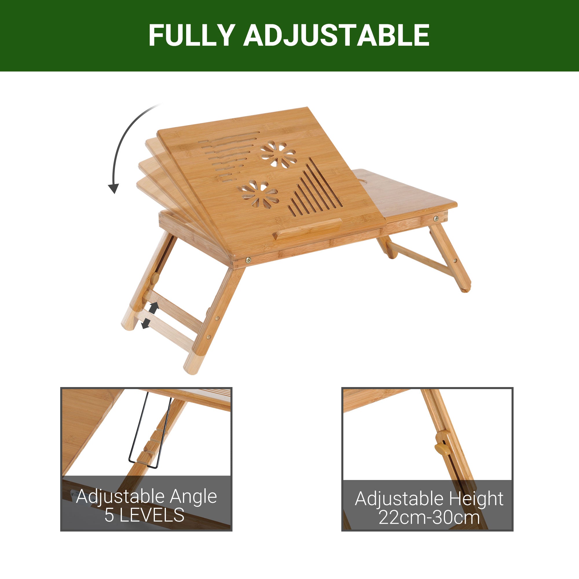 Portable Laptop Desk Bed Table, Adjustable Foldable with Drawer, Natural Wood Bamboo