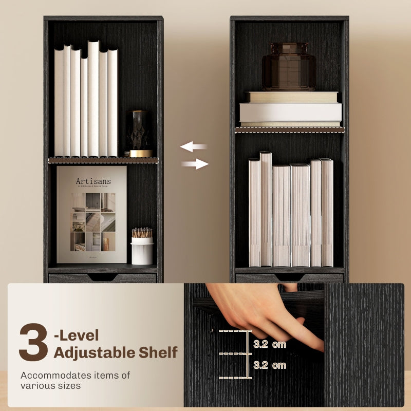 6-Tier Bookcase Narrow Shelves with Drawer and Door - Black
