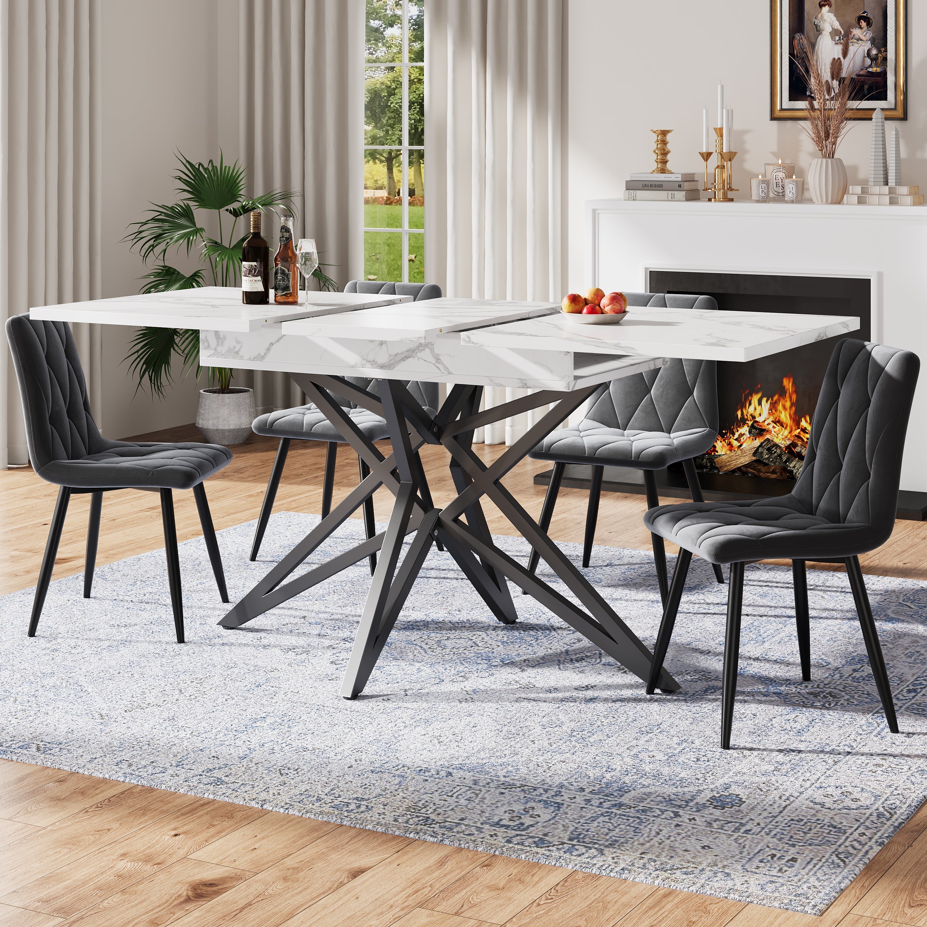 Extendable Dining Table 120(160)x80cm Star-Shaped Legs - Walnut/Marble Look Black