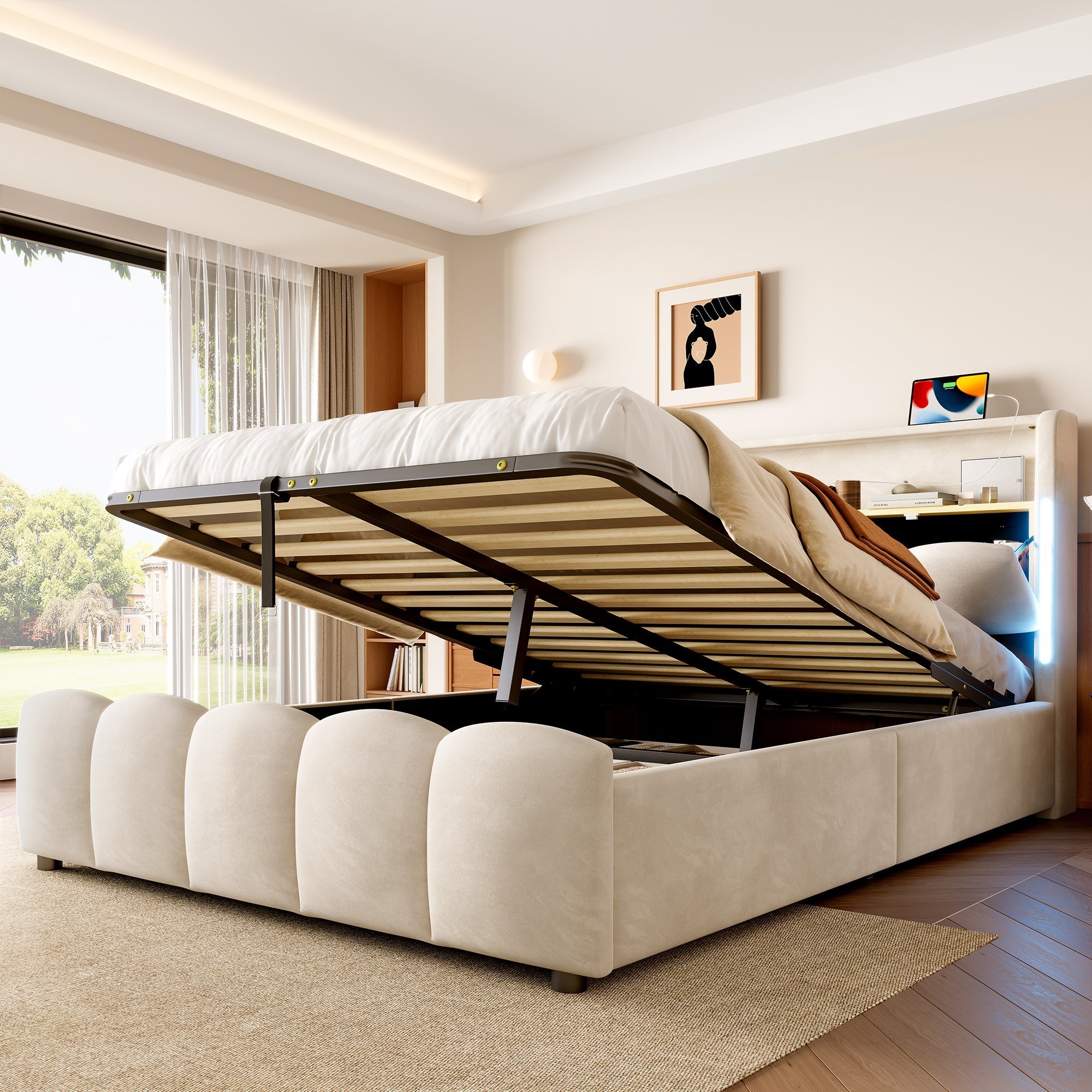 Upholstered Bed 140x200cm Hydraulic Storage LED Headboard USB/Type-C Ports - Beige Velvet