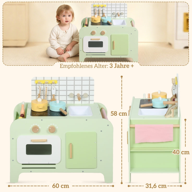 Children's Kitchen Playset with 15 Accessories and Storage Cabinets, Green MDF