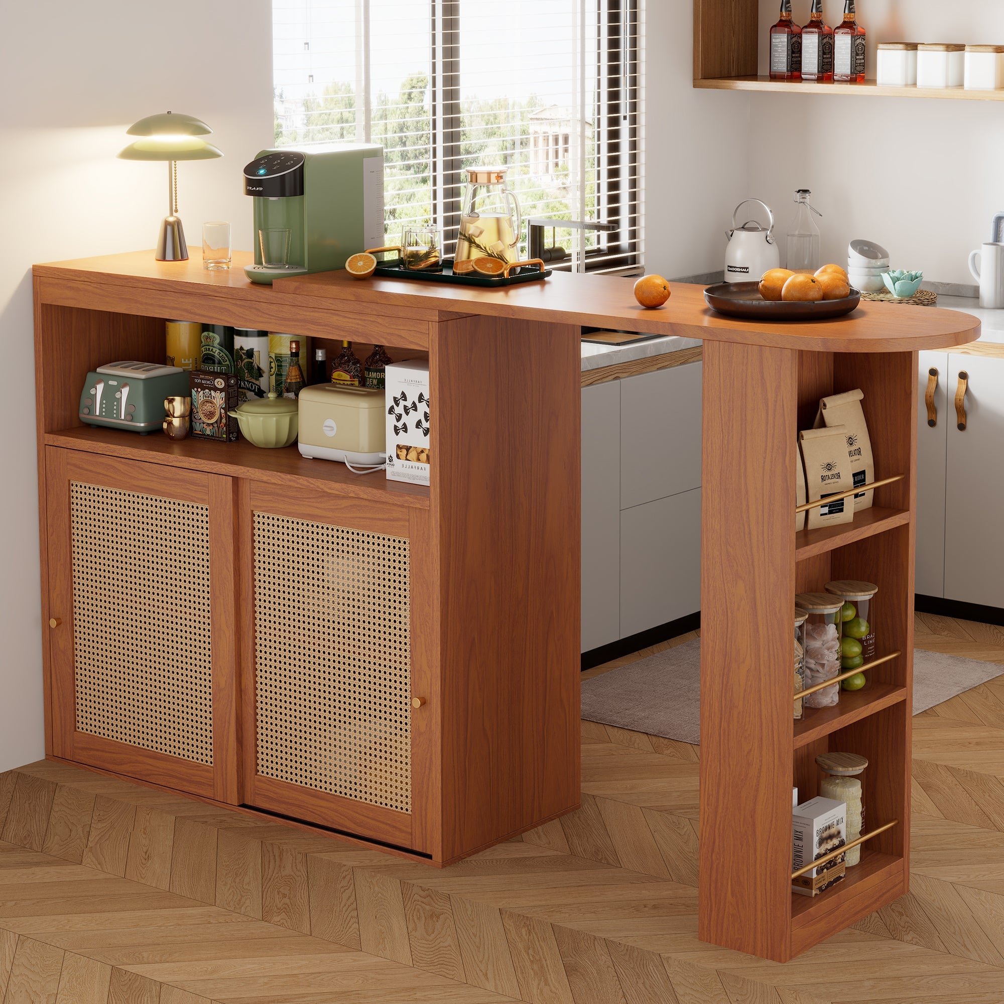 Extendable Bar Table, Adjustable Shelves Rattan Weave