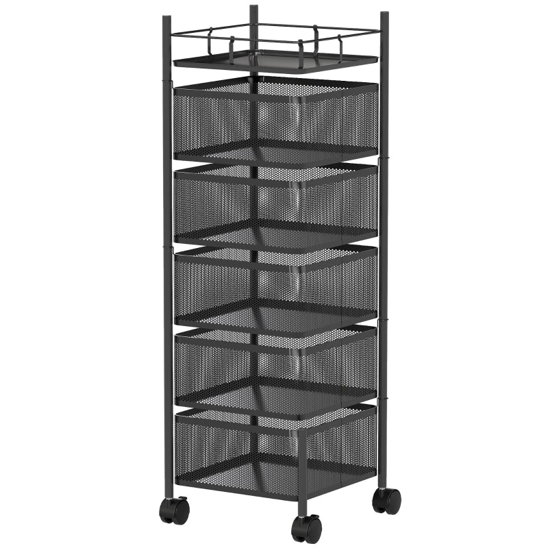 Kitchen Trolley with 5 Rotating Baskets and 4 Swivel Casters, Black Metal