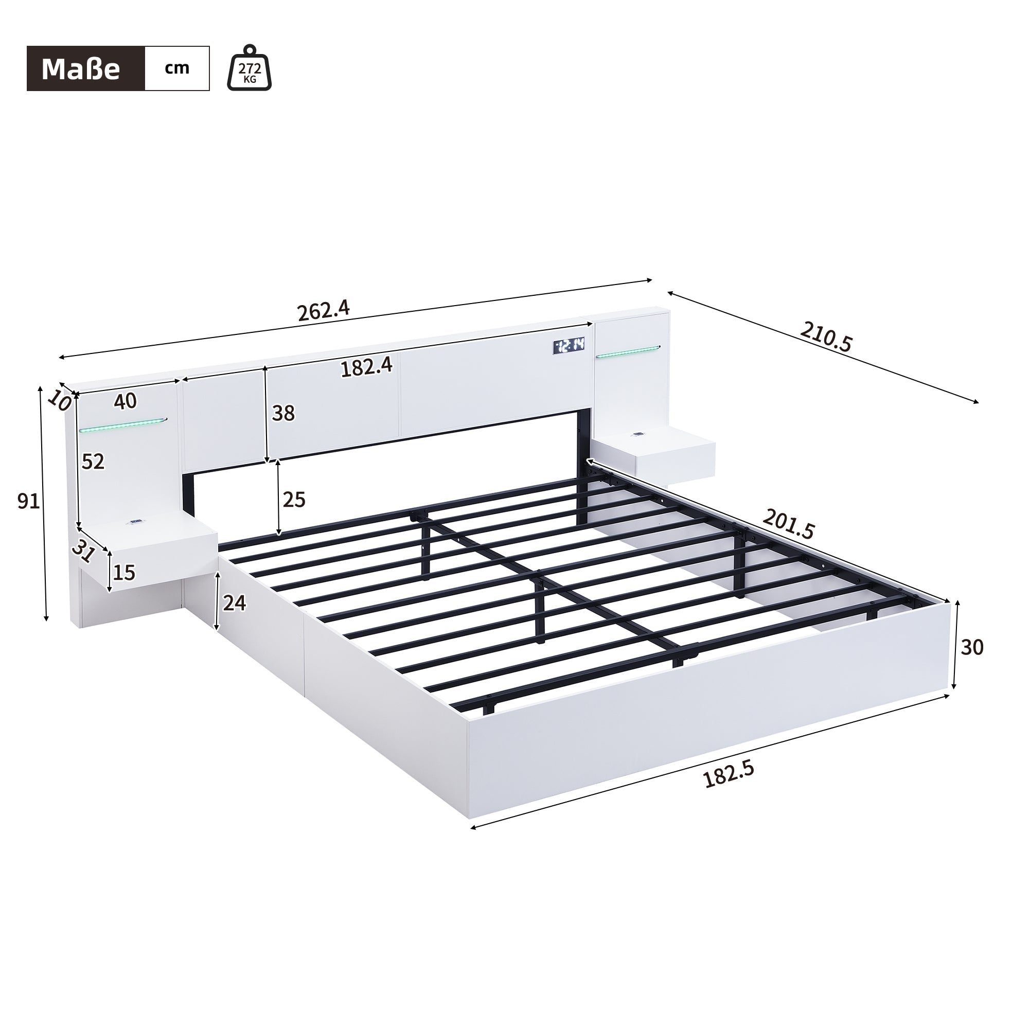 Double Bed with USB Port, Bluetooth Speaker, LED and 2 Bedside Tables, 180x200cm, White Wood