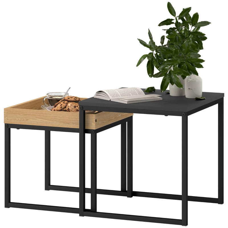 Moderner Couchtisch, 2er-Set Sofatische, quadratisch, MDF Metall Schwarz