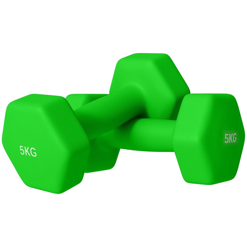 Hexagonal Dumbbells Weights Set, 2 x 5kg Non-Slip Grip, Green
