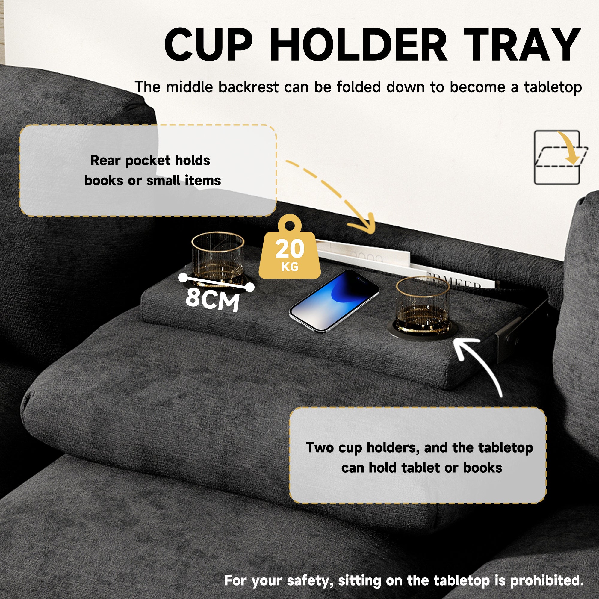 Three-Seater Sofa Multifunctional Folding Table USB Storage - Chenille