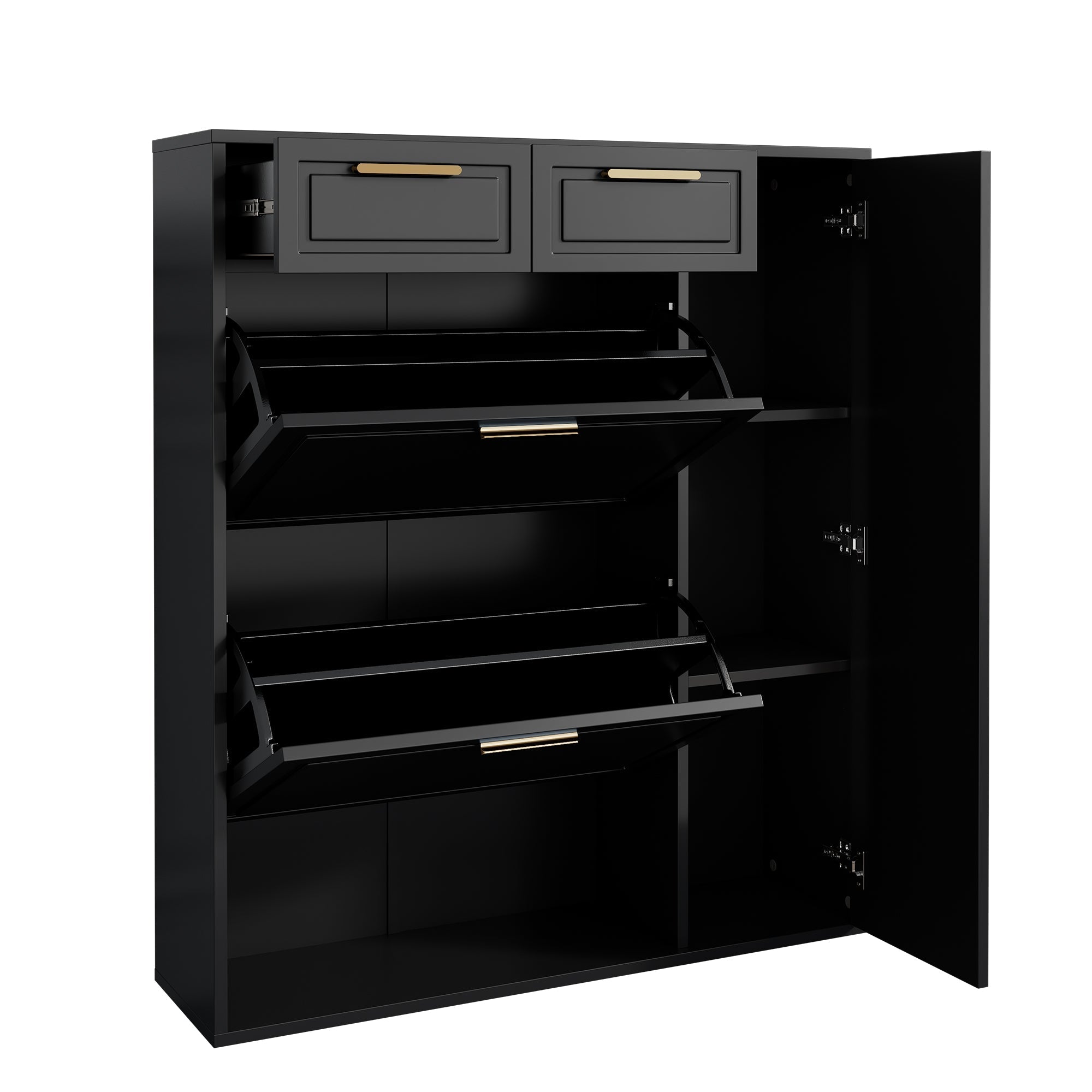 Modern Shoe Cabinet with Adjustable Shelves, Gold Handles, Drawers, Folding Doors, Black