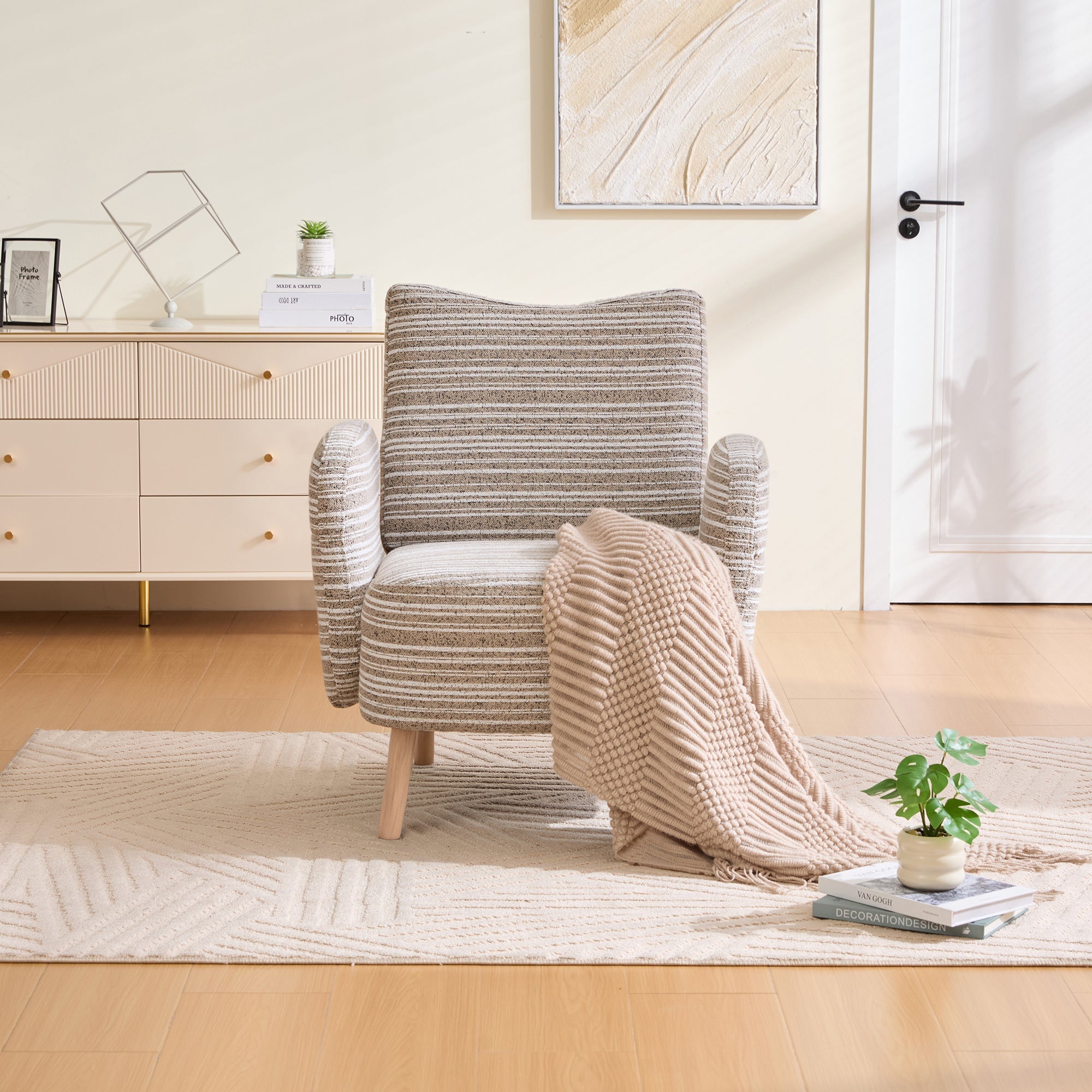 Modern Armchair with Side Pocket and Solid Wood Legs, Fabric with Circular Pattern