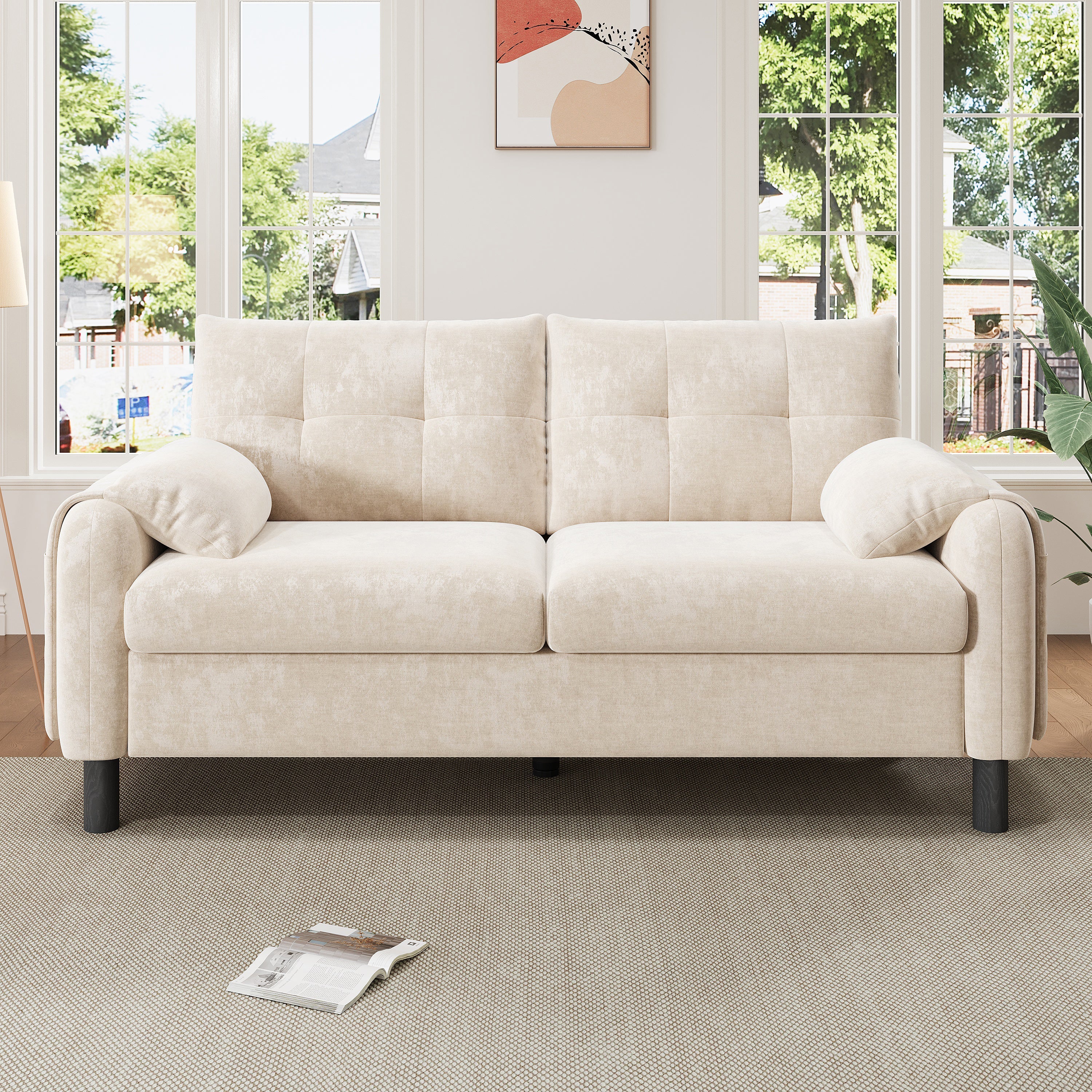 2-Seater Sofa, Comfortable Chenille Upholstered, Beige