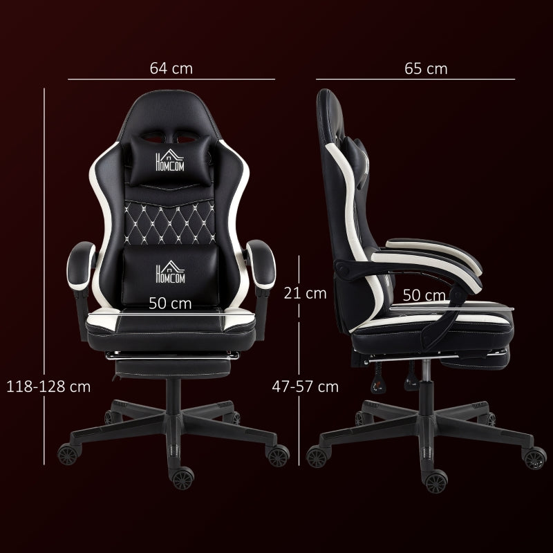 Gaming Chair with Footrest, Headrest & Cushion, Swivel, Adjustable Height Faux Leather Black and White