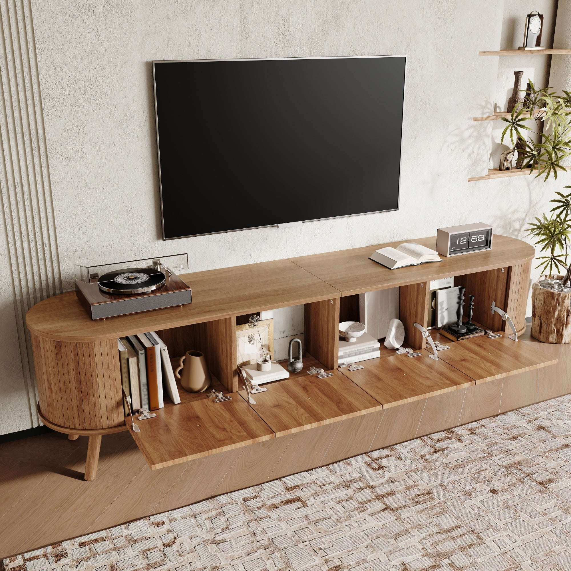 Modern TV Cabinet with 4 Doors and Gold Handles, Oak finish