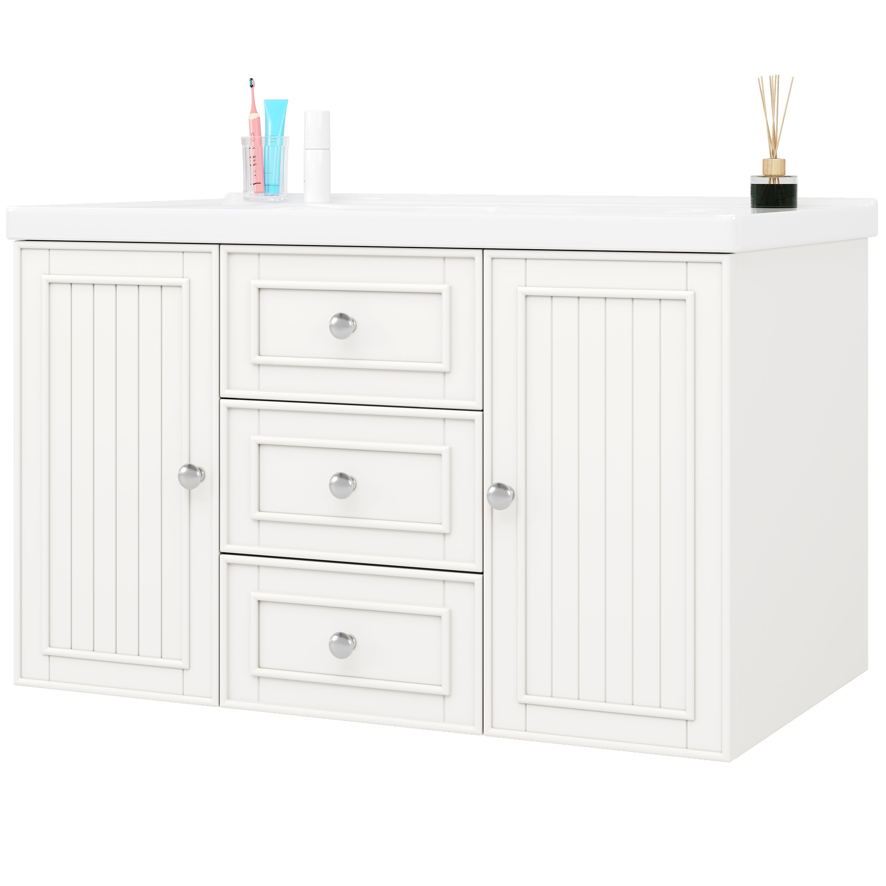 Wall-Mounted Vanity Unit 78.5cm With Sink 3 Drawers - White