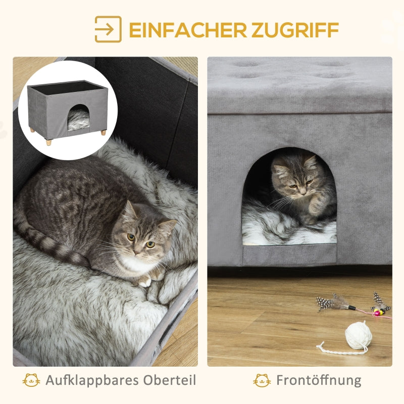 PawHut 2-in-1 Cat Cave Footstool with Cushion, Cat House, Cat Basket, Plush Grey