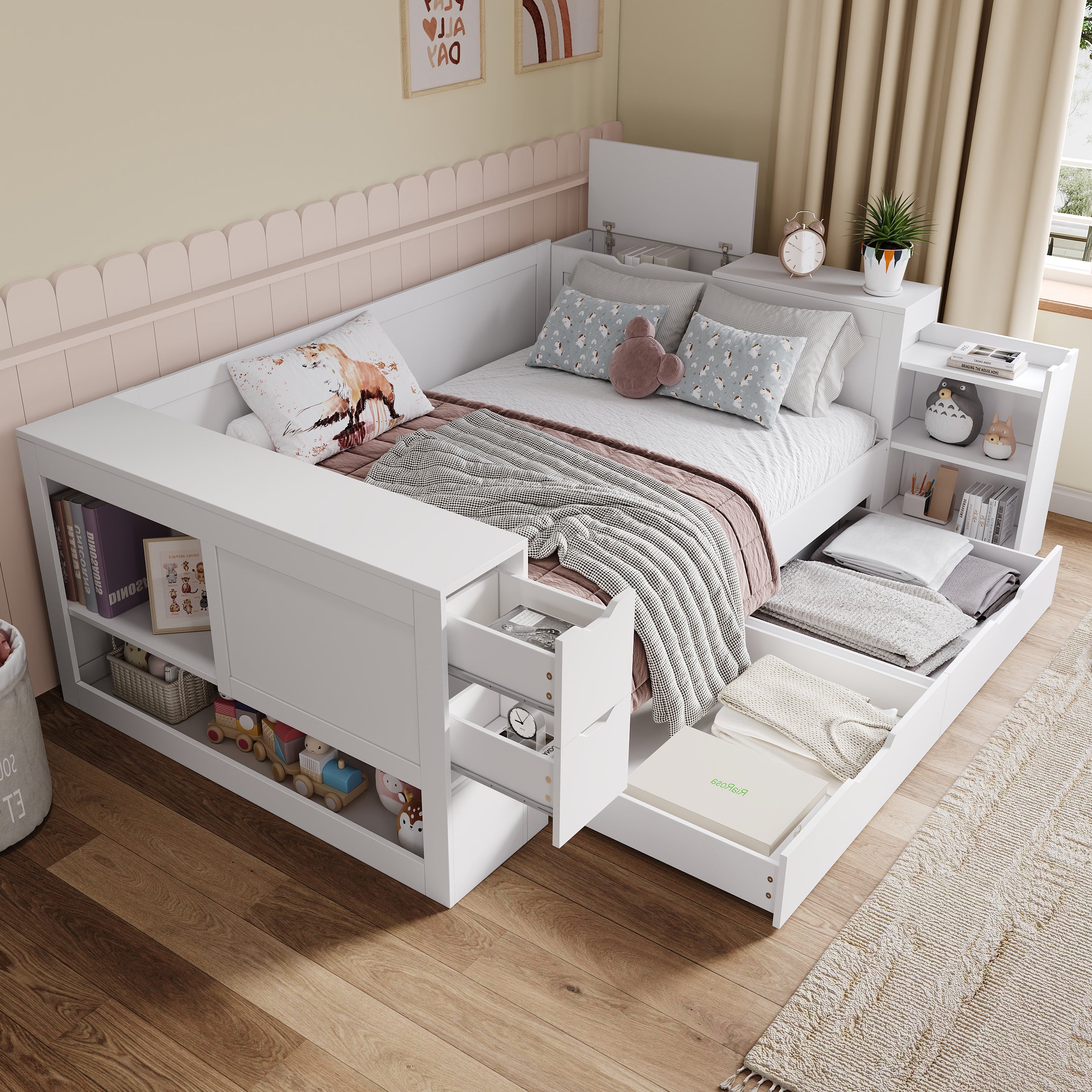 Wooden Storage Bed with Drawers and Shelves, 140x190cm, White Wood