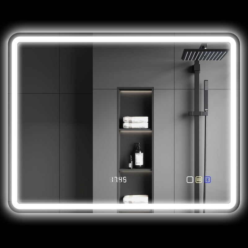 Bathroom Mirror 70x90cm LED Anti-Fog Clock Bluetooth, Silver