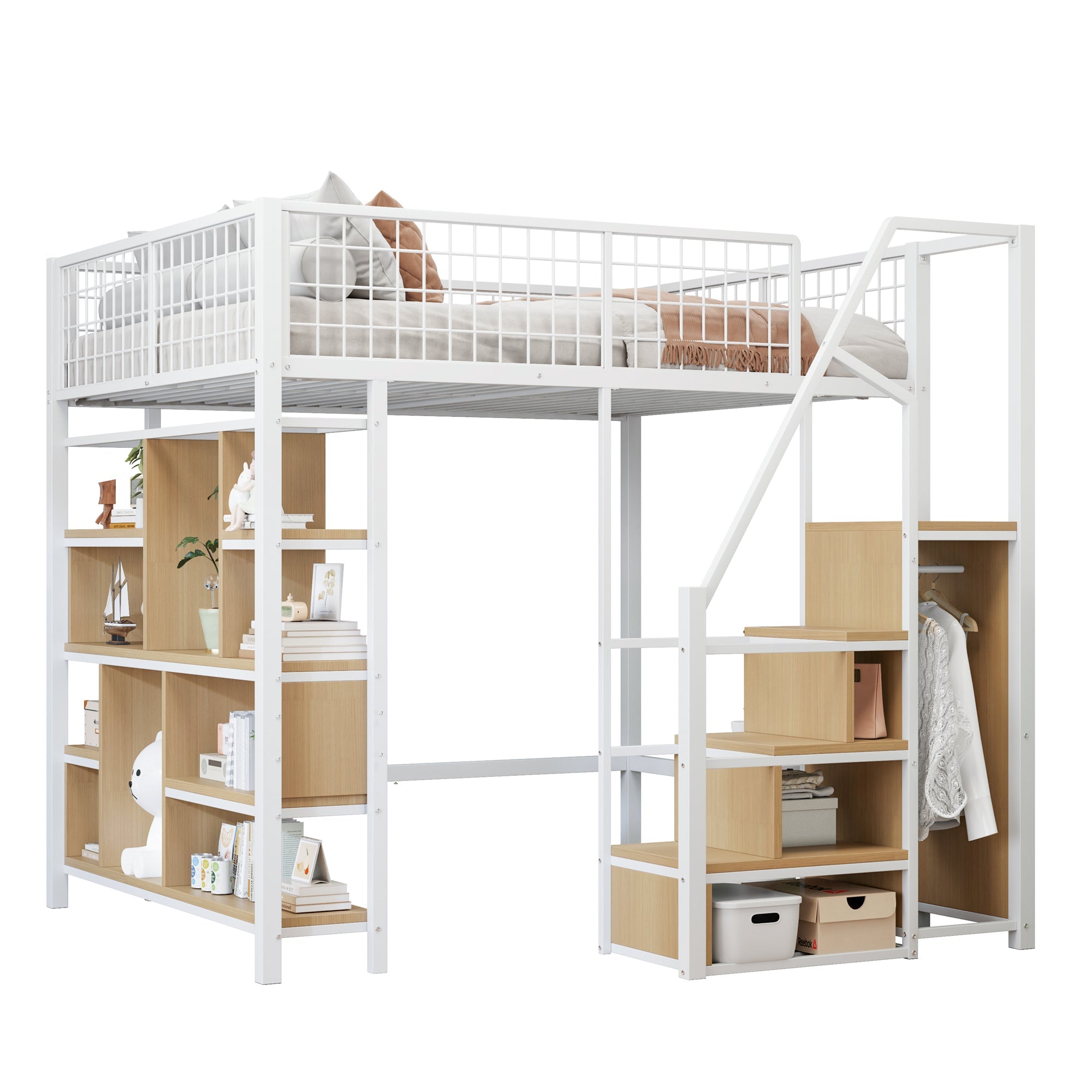 Loft Bed 140x200cm Storage Shelves Stairs - White Metal
