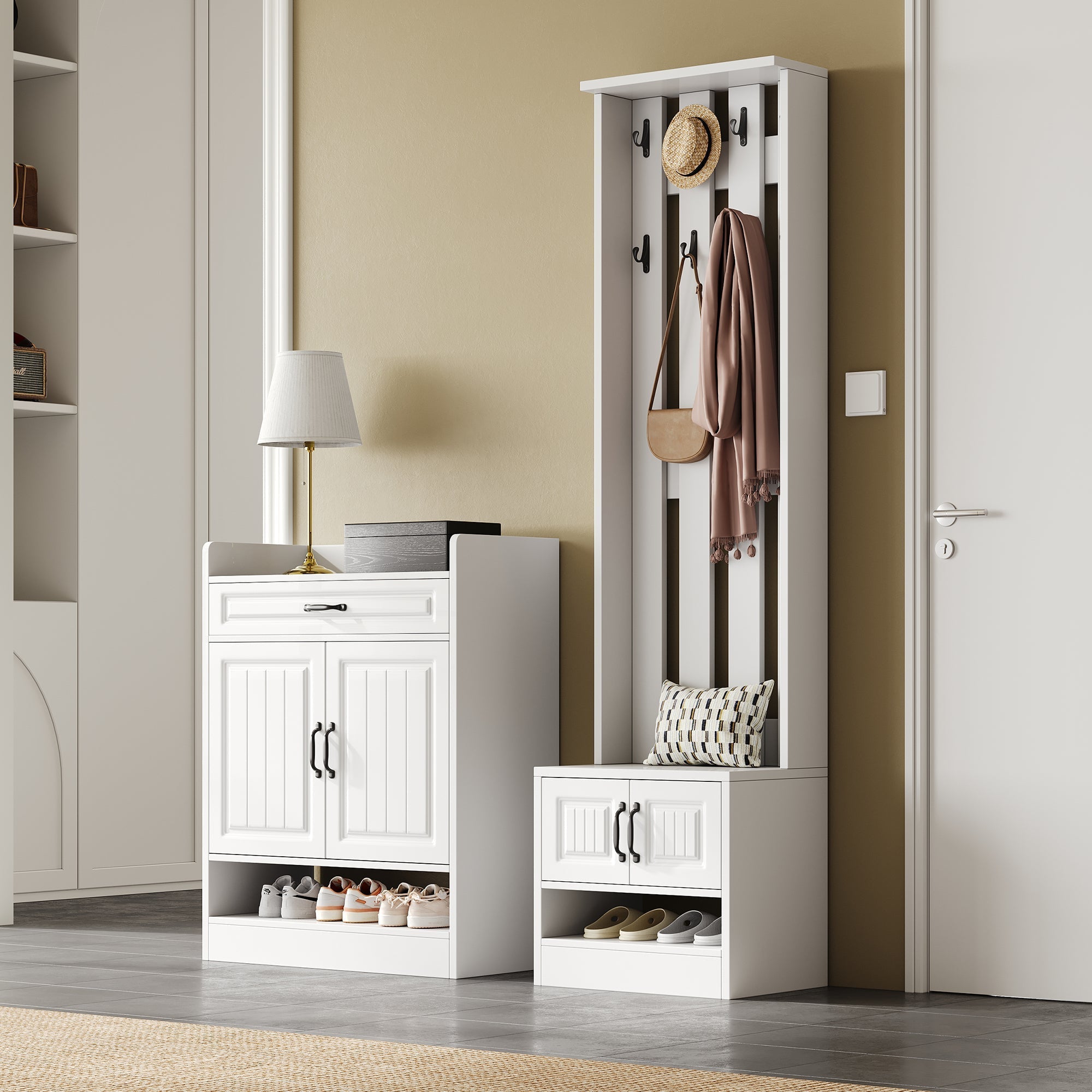 Wardrobe Set with Shoe Bench & Rack, 8 Hooks, 4 Doors, 1 Drawer - White