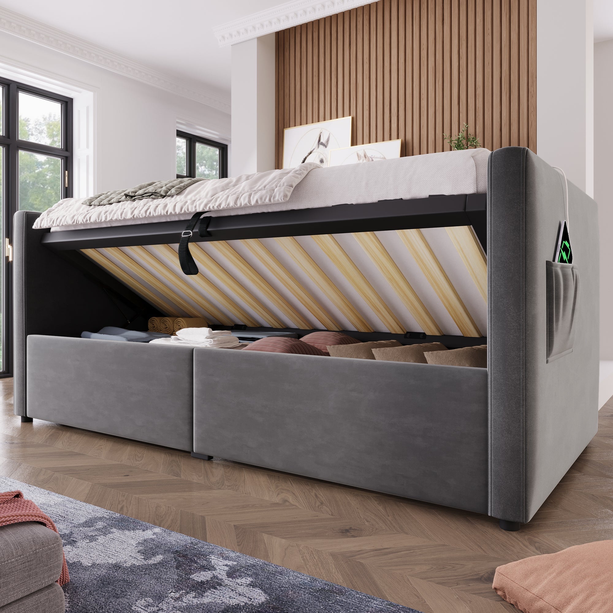 Upholstered Sofa Bed, 90x190 cm Single with USB & Type-C Charging, Gray Velvet
