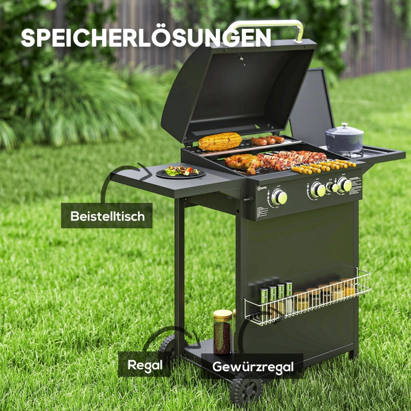 Gas Grill Cart 9.5 kW, 4 Burners, Side Burner, Thermometer, Side Shelves