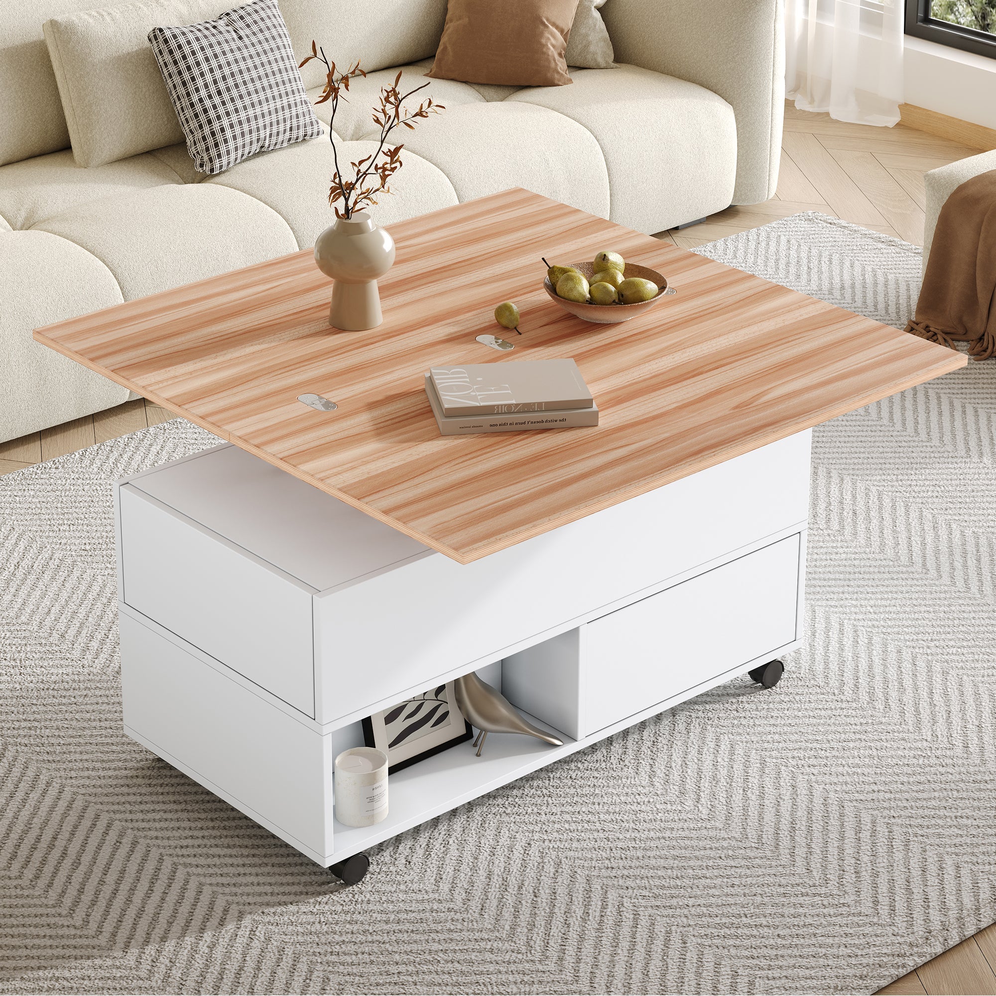 Coffee Table, 100x50x52cm Lift-Top with 4 Wheels & Drawers, White & Wood