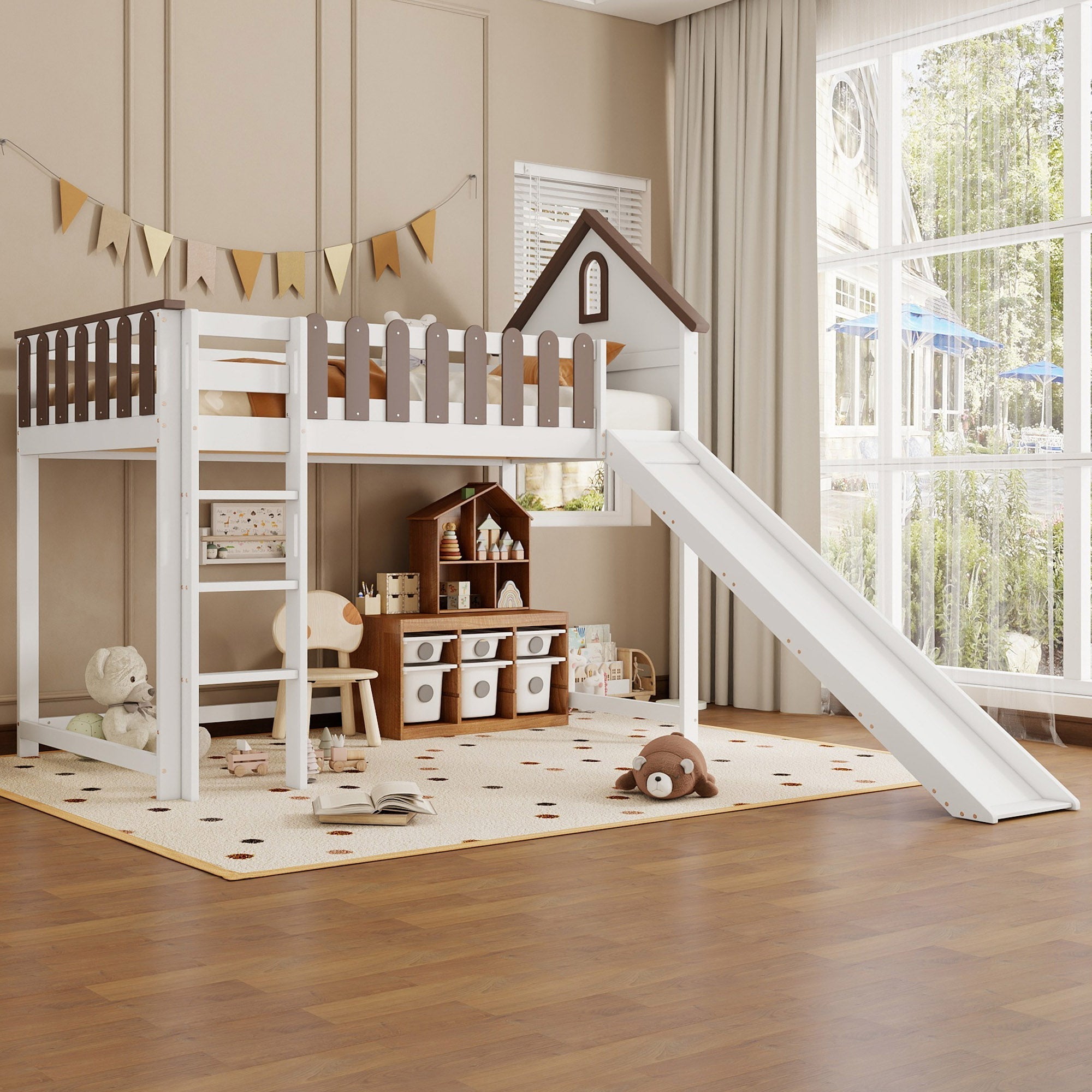 Loft Bed, Roof & Window, 3-Step Ladder, Slide, Pine+MDF, White+Walnut