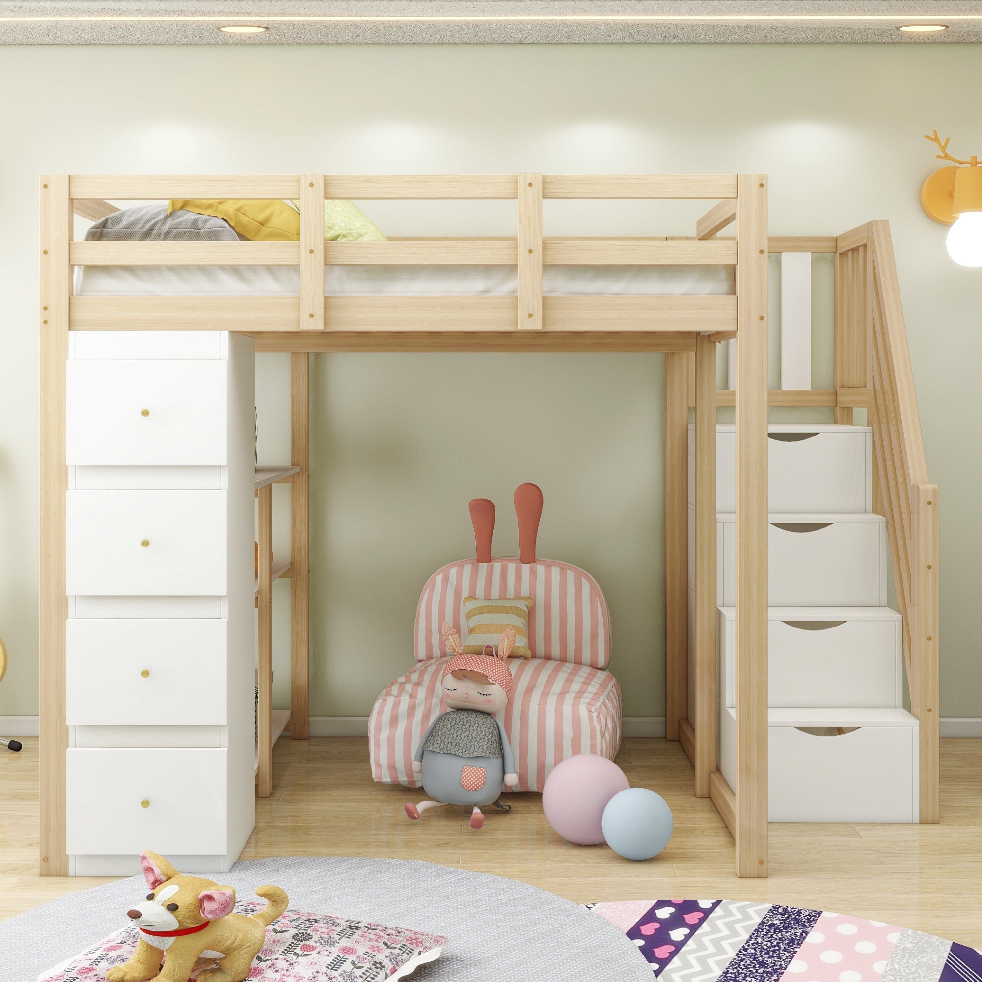 Loft Bed with 4 Drawers and Storage Stairs, 140x200 cm, White and Natural Wood