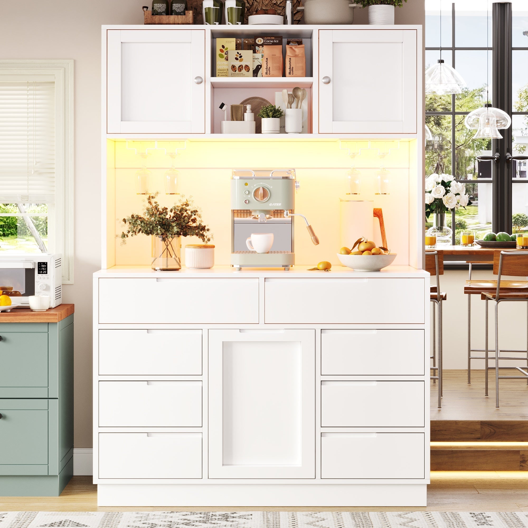 Modern Tall Cabinet Smart LED Lighting 8 Drawers Adjustable Shelves White