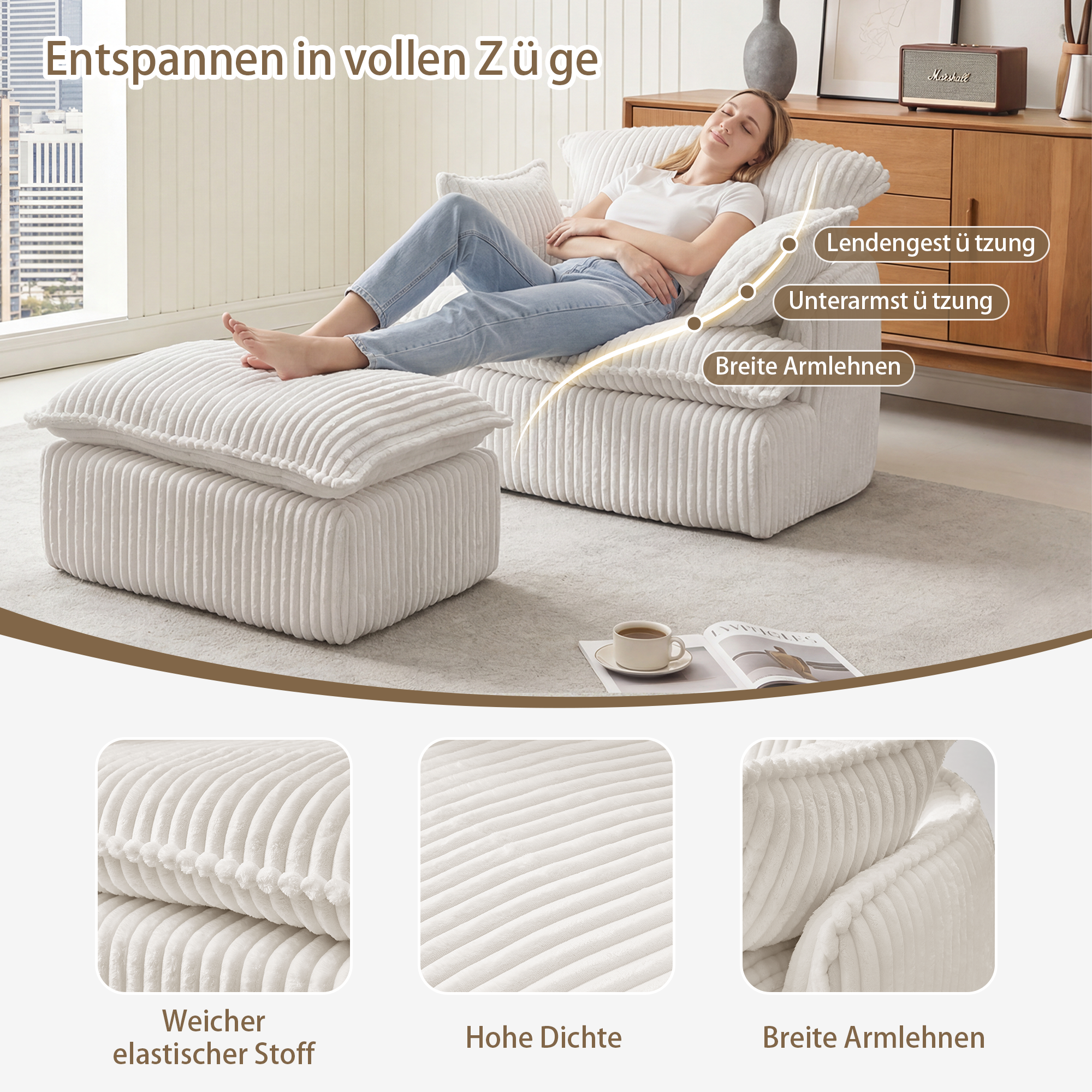 Cloud Sofa Armchair with Footstool, Compact Convertible Armchair for Small Spaces, Soft Corduroy Fabric