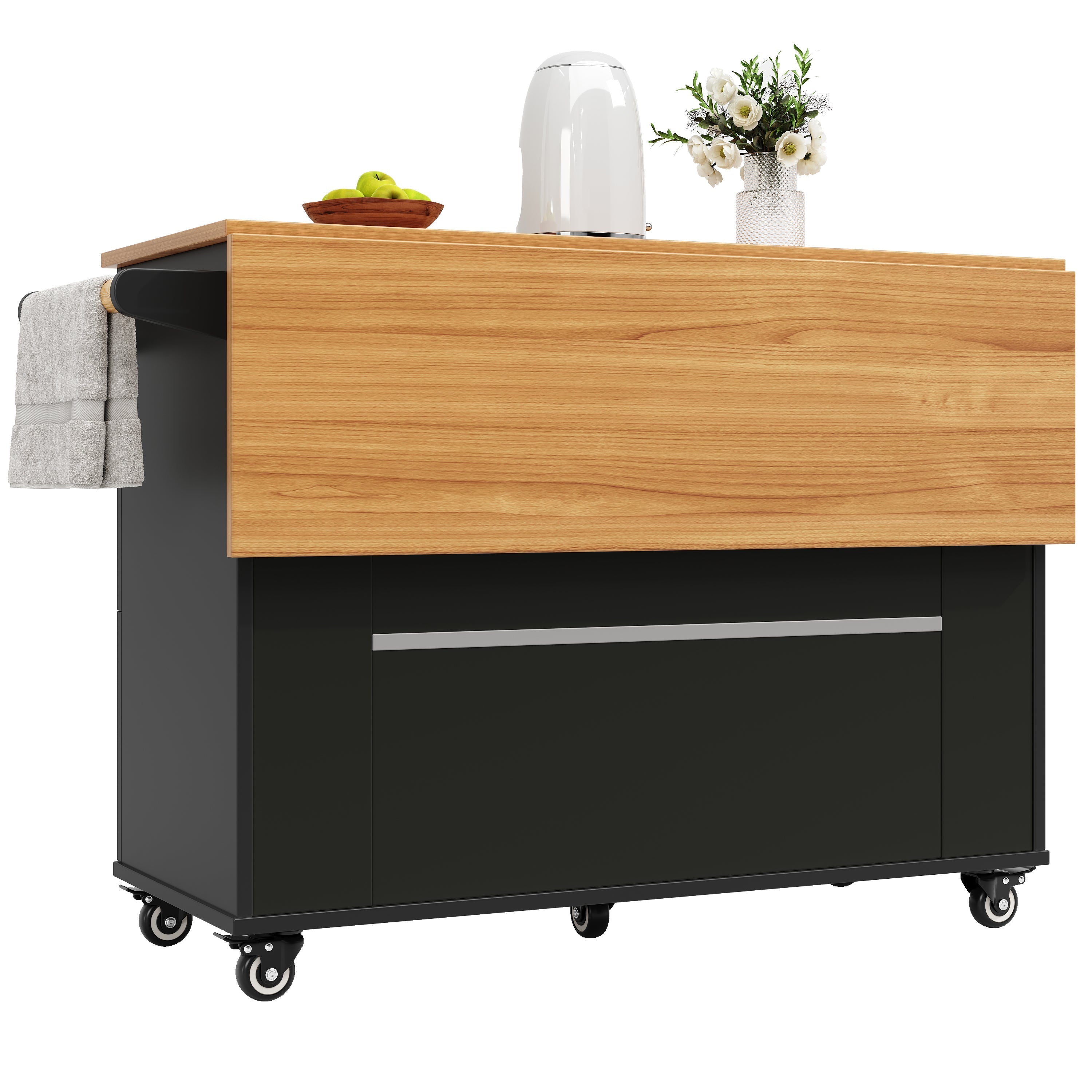 Modern Kitchen Island Dining Table Multifunctional with Storage Wood Grain Black