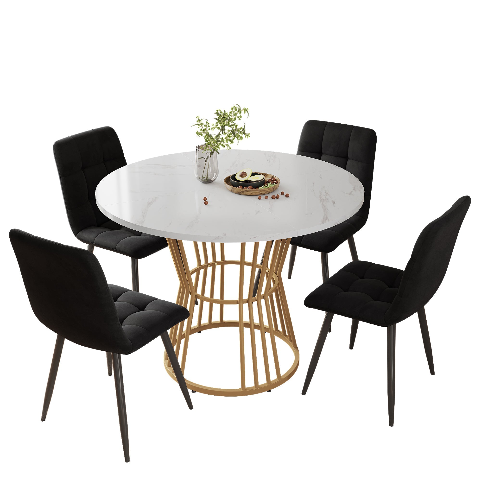 Dining Table Set (5-Piece) Round 100cm Table Gold Metal Legs White MDF Black Velvet Chairs