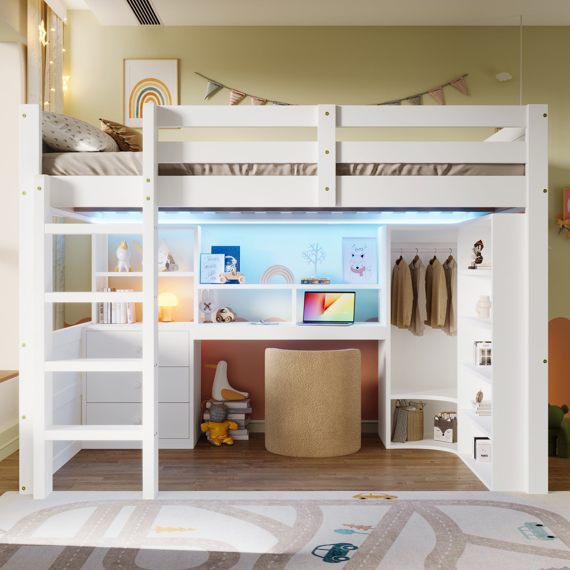 Loft Bed 140x200cm with LED Lights, Wardrobe, Desk, Drawers, Storage, White
