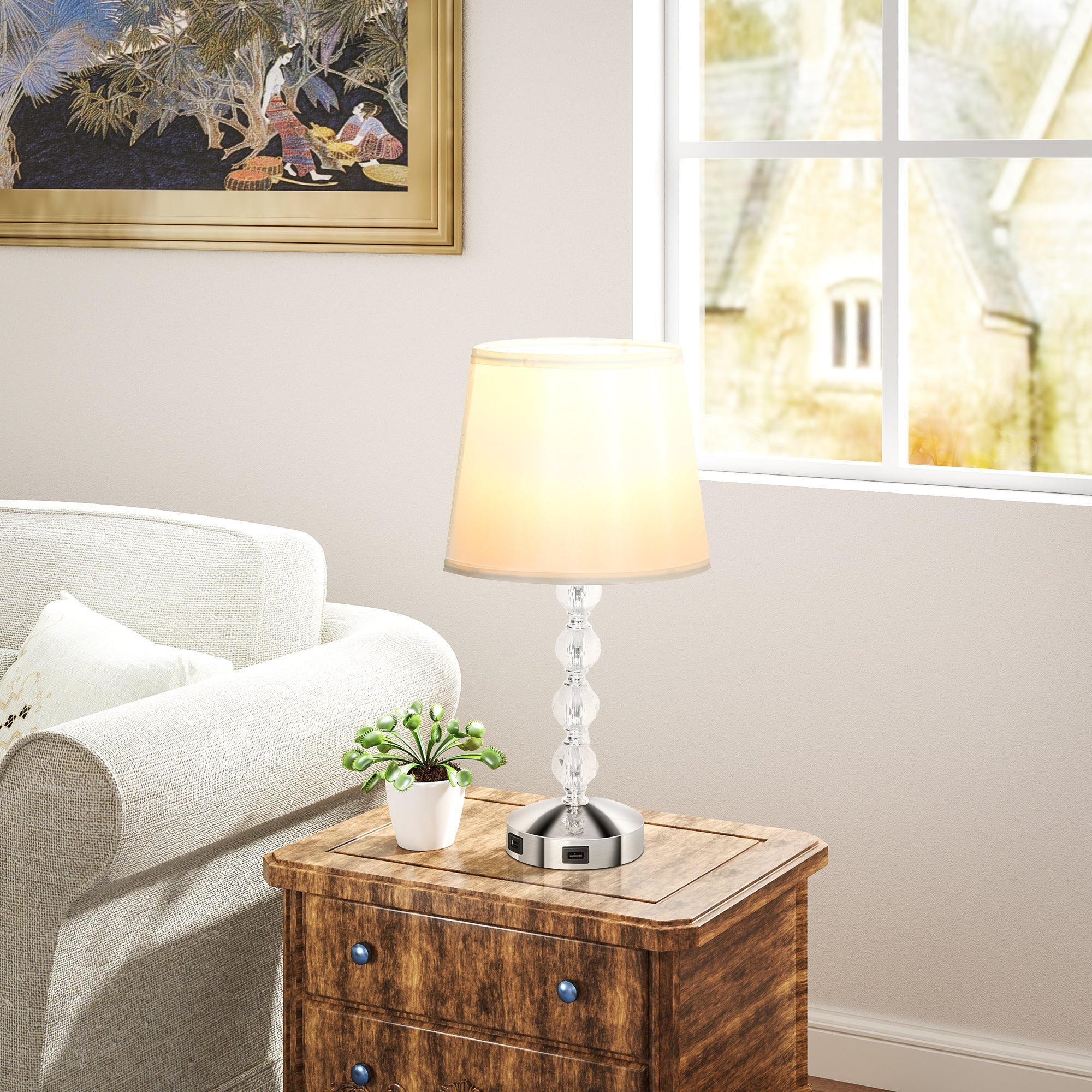Table Lamp LED USB Rechargeable Crystal Bedside, Glass Silver