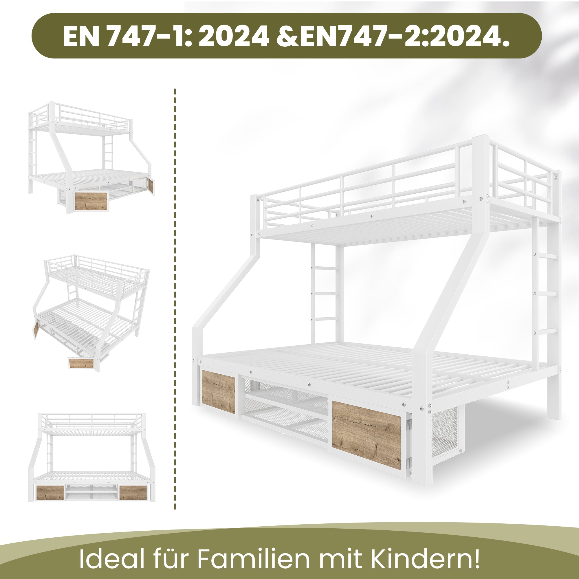 Bunk Bed for Children with Shoe Cabinet and Storage Compartments, 90x200 and 140x200cm, White