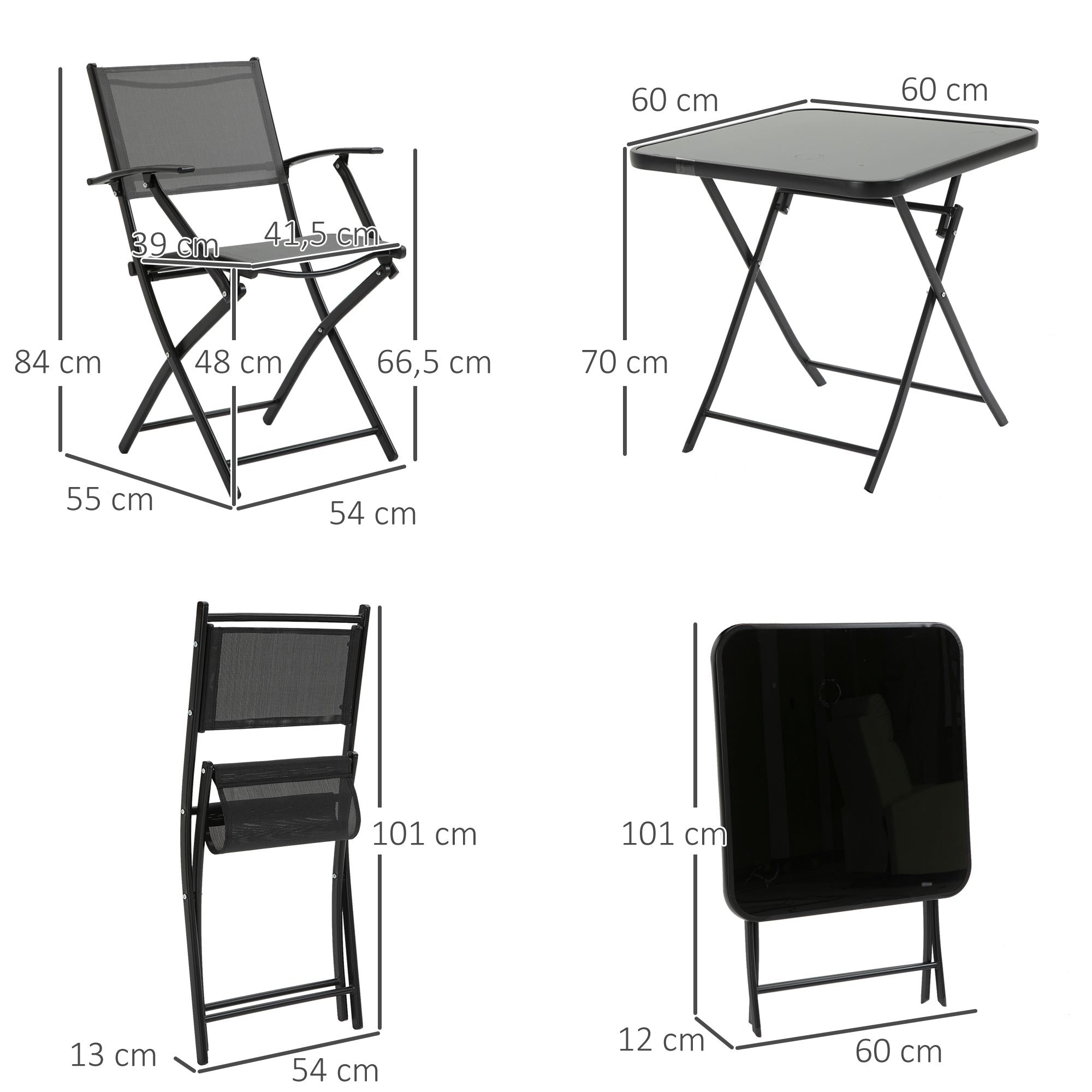 Klappbares Balkonset, 2-Sitzer-Tisch und Stühle, Metallgeflecht, Schwarz & Grau